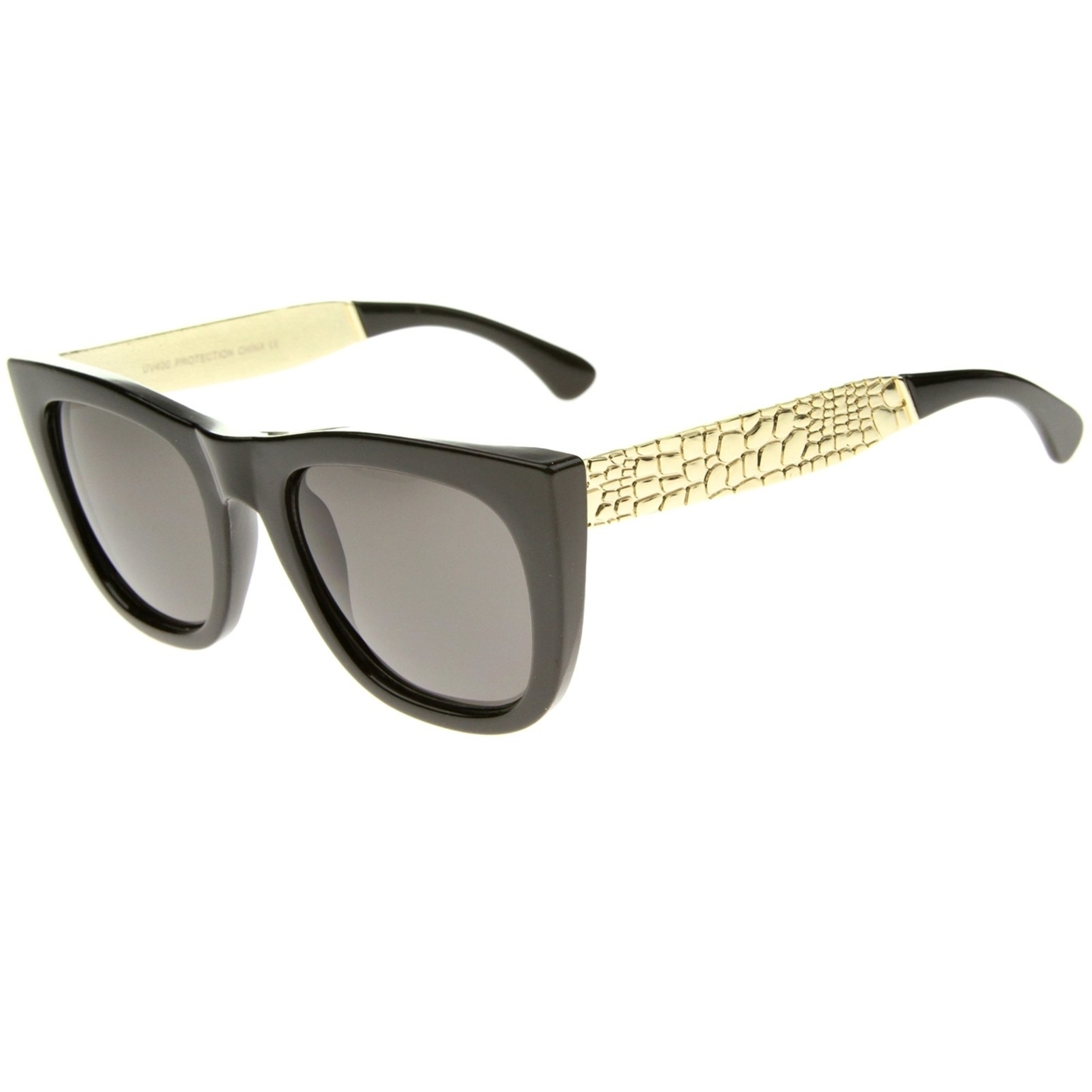 High Fashion Alligator Metal Temple Bold Rimmed Flat Top Sunglasses - Black-Silver / Smoke