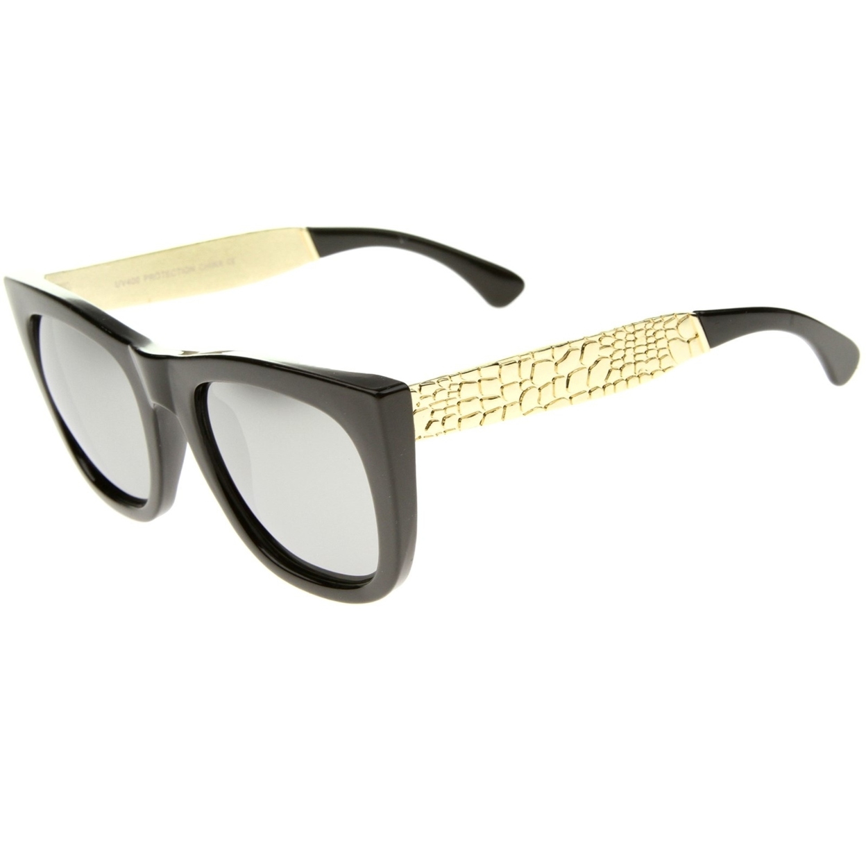 High Fashion Alligator Metal Temple Mirrored Lens Flat Top Sunglasses - Black-Gold / Blue Mirror