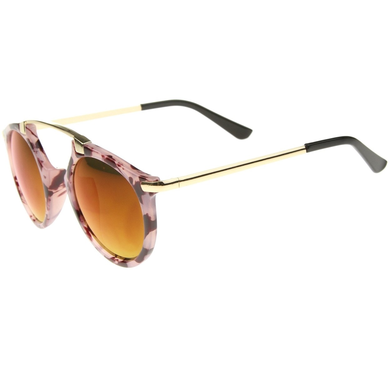 High Fashion Arched Marble Color Frame Color Mirror Pantos Aviator Sunglasses 48mm - Smoke-Gold / Yellow Mirror