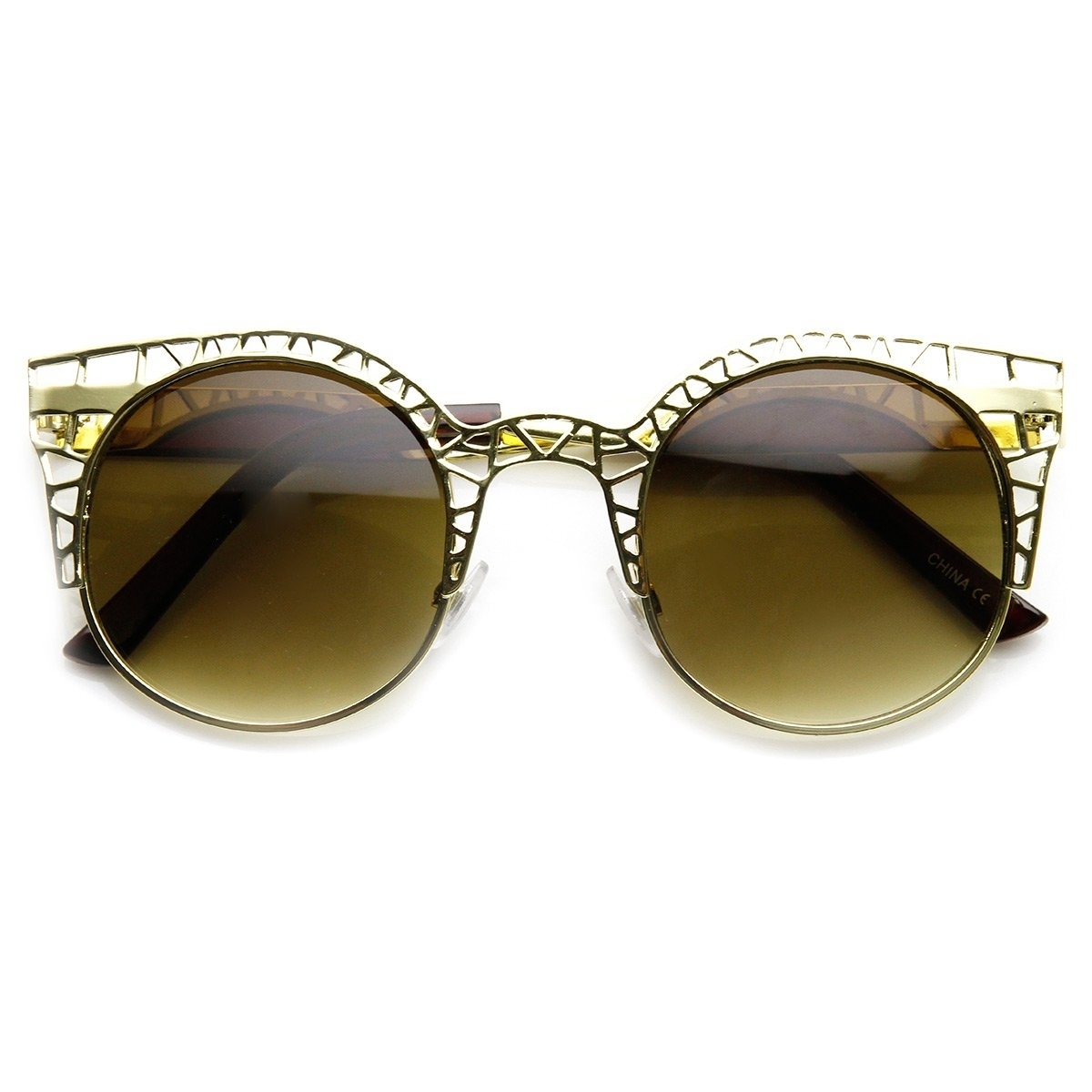 High Fashion Metal Cut Out Hollow Out Frame Round Cat Eye Sunglasses - Gold