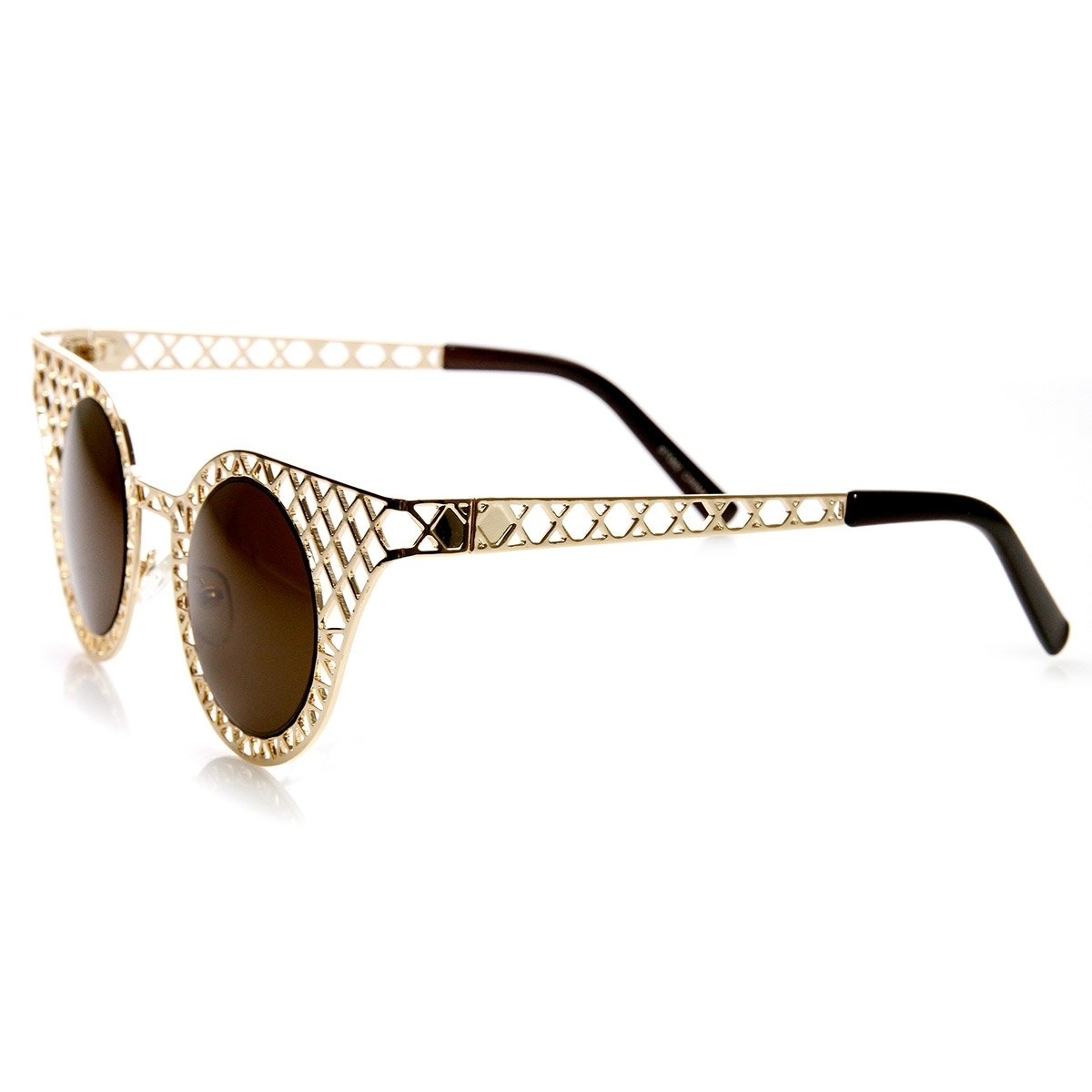 High Fashion Metal Criss Cross Cut Out Cat Eye Sunglasses - Gold Smoke