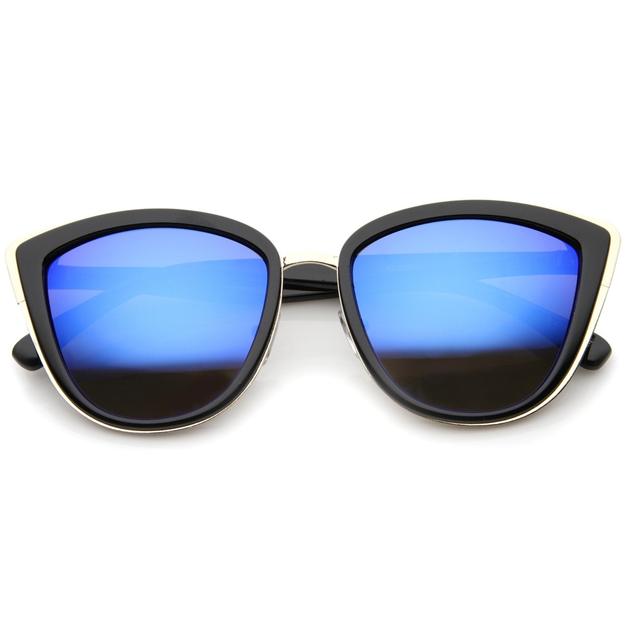 High Fashion Metal Outer Frame Color Mirror Lens Oversized Cat Eye Sunglasses 55mm - Black-Gold / Blue Mirror