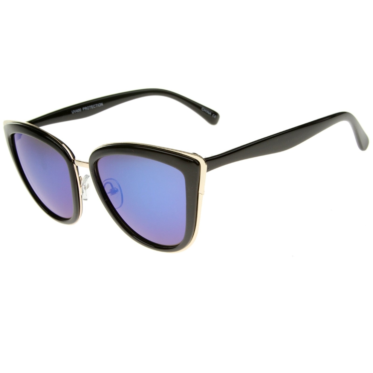 High Fashion Metal Outer Frame Color Mirror Lens Oversized Cat Eye Sunglasses 55mm - Black-Gold / Blue Mirror