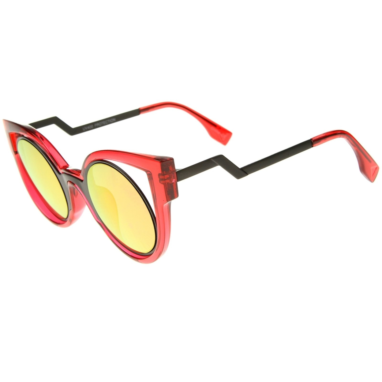 High Fashion Translucent Frame Stepped Temple Two-Tone Cat Eye Sunglasses - Red-Black / Red Mirror
