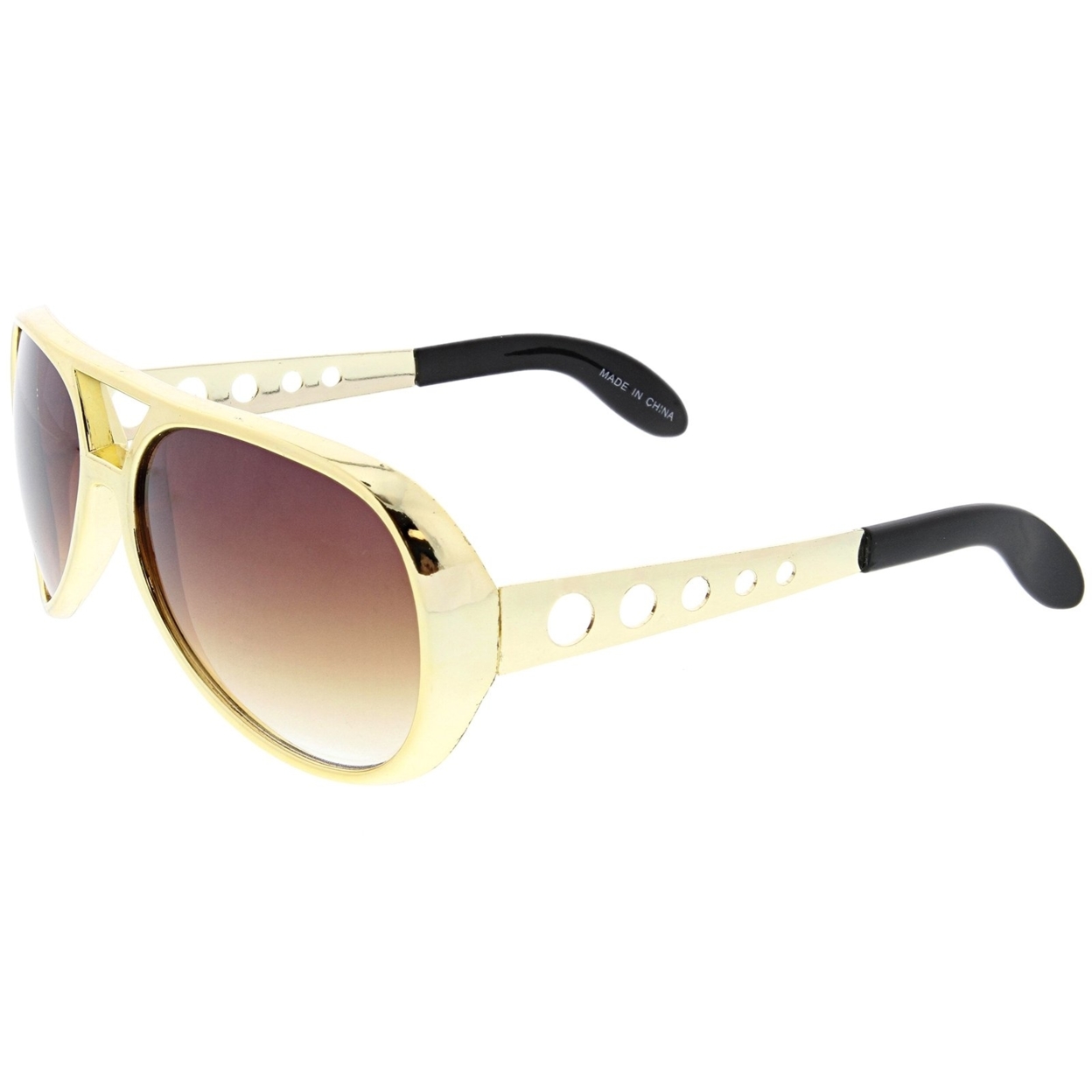 Large Elvis King Of Rock & Roll Aviator Sunglasses 63mm - Gold / Amber