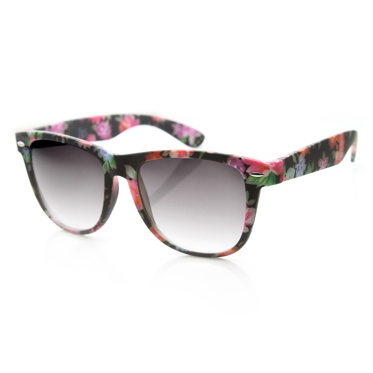 Large Floral Print Womens Fashion Horn Rimmed Sunglasses - Shatter Lavender