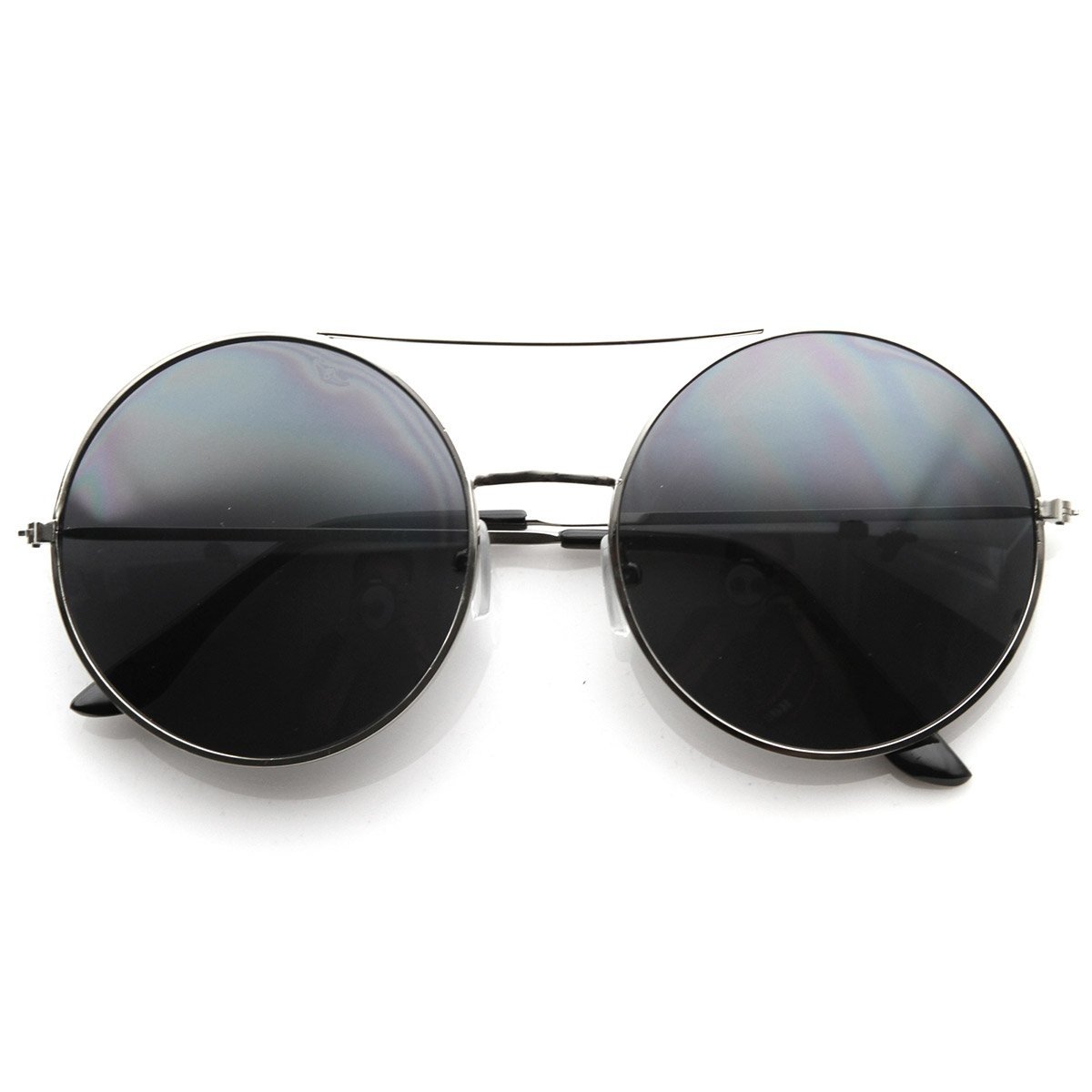 Large Round Metal Circle Frame Sunglasses W/ Cross Bar - Silver