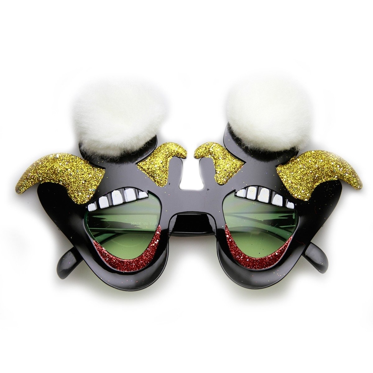 Laughing Jester Circus Clown Smile Furry Novelty Party Glasses - Black-White-Gold Green