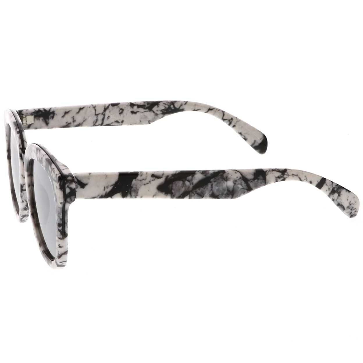 Marble Printed Metal Nose Bridge Trim Wide Temples Mirrored Flat Lens Horn Rimmed Sunglasses 50mm - Blue-Red-Gold / Blue Mirror
