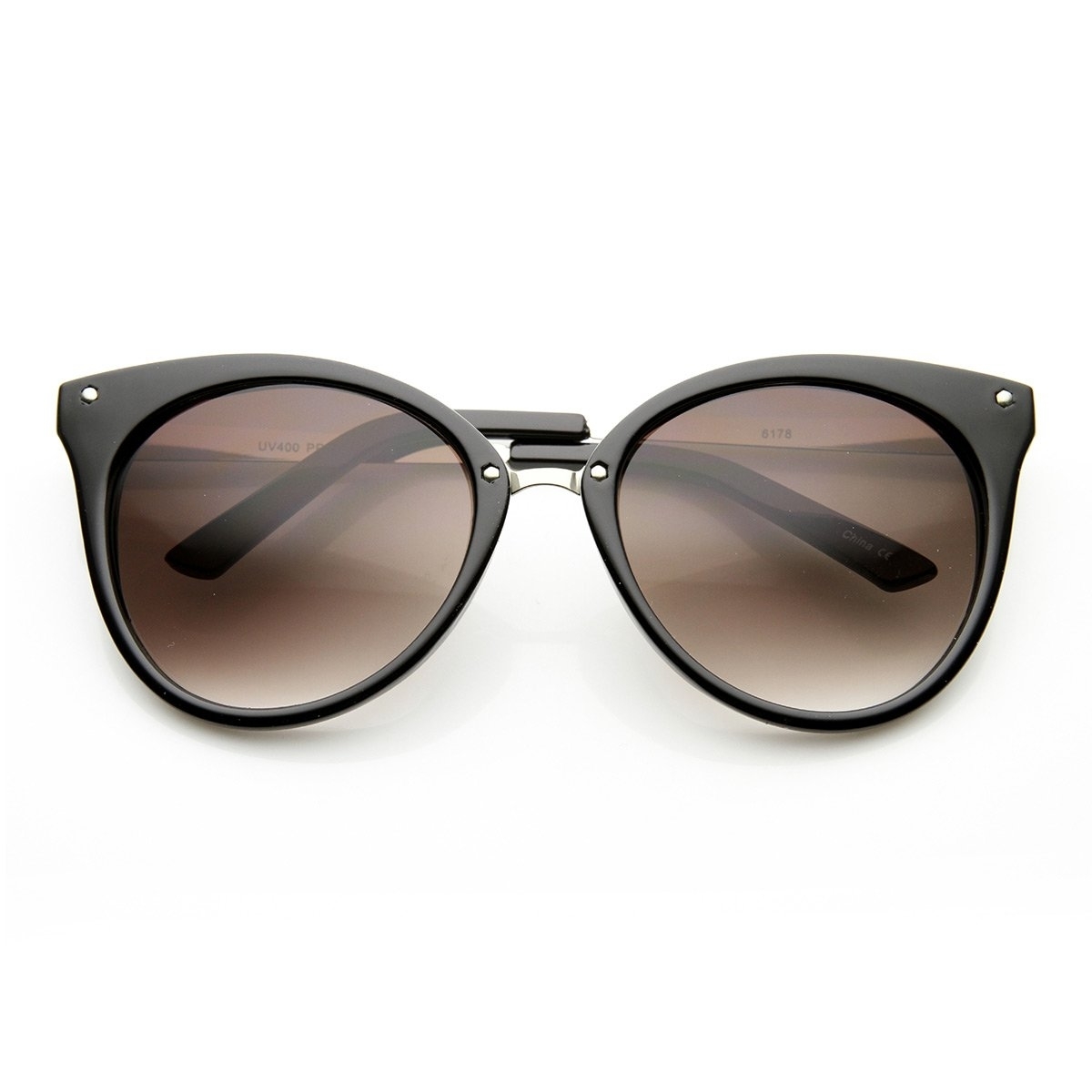 Medium Pointed Horn Rimmed Cat Eye Sunglasses With Studs - Black-Gold Smoke