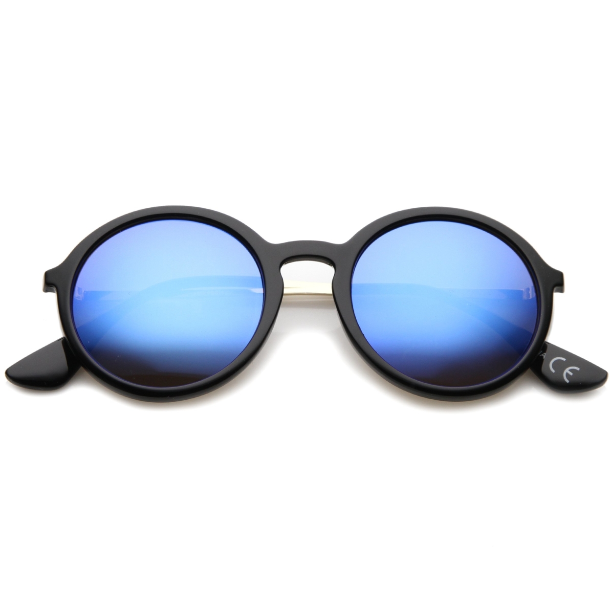 Mid Sized Modern Metal Temple Mirror Lens Round Sunglasses 49mm - Black / Blue Mirror