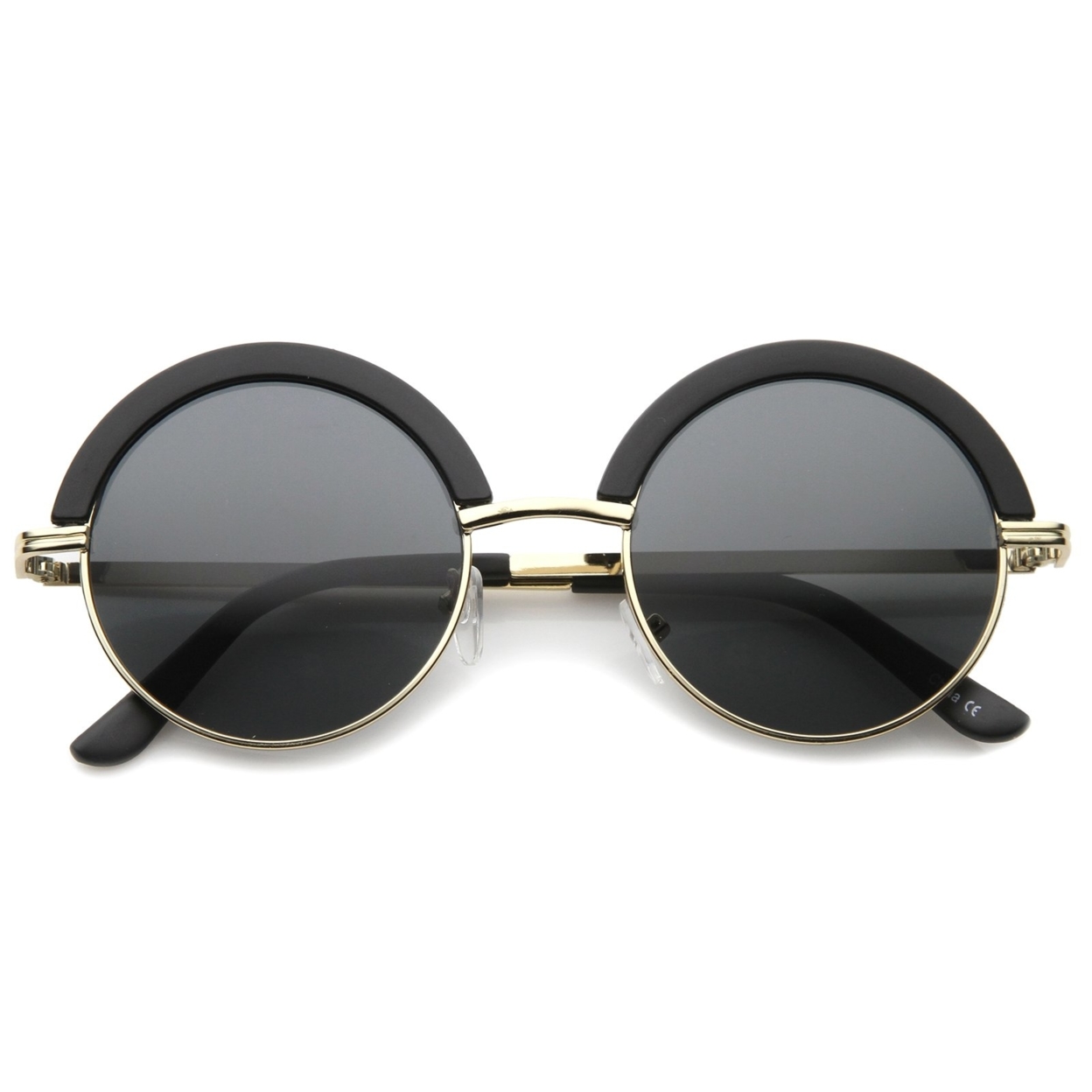 Mod Fashion Oversize Half-Frame Brow Eyelid Round Sunglasses 50mm - Shiny Black-Gunmetal / Green