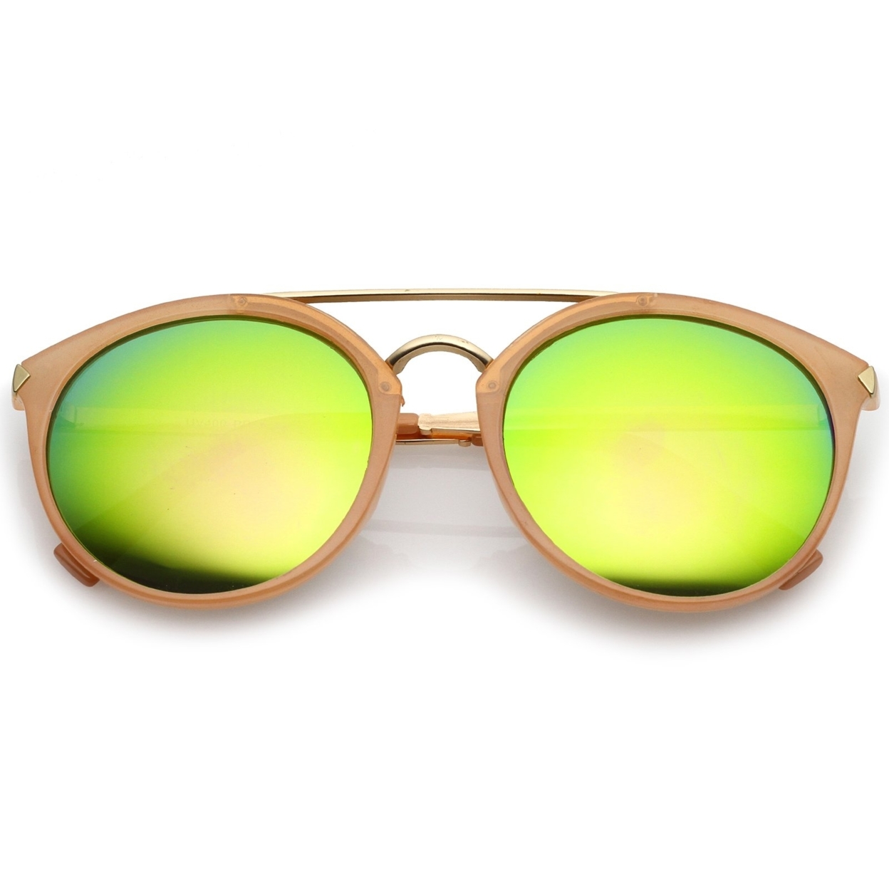 Modern Double Bridge Colored Mirror Lens Round Aviator Sunglasses 57mm - Nude-Gold / Gold Mirror