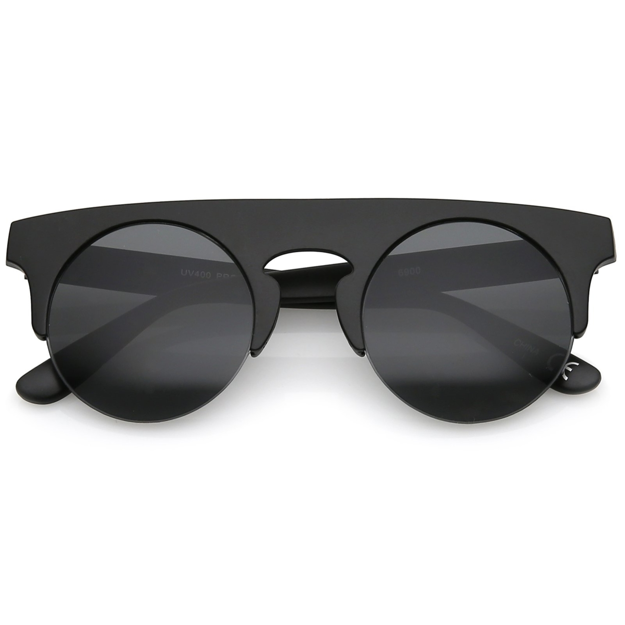Modern Flat Top Horn Rimmed Round Flat Lens Semi Rimless Sunglasses 48mm - Black / Purple Mirror