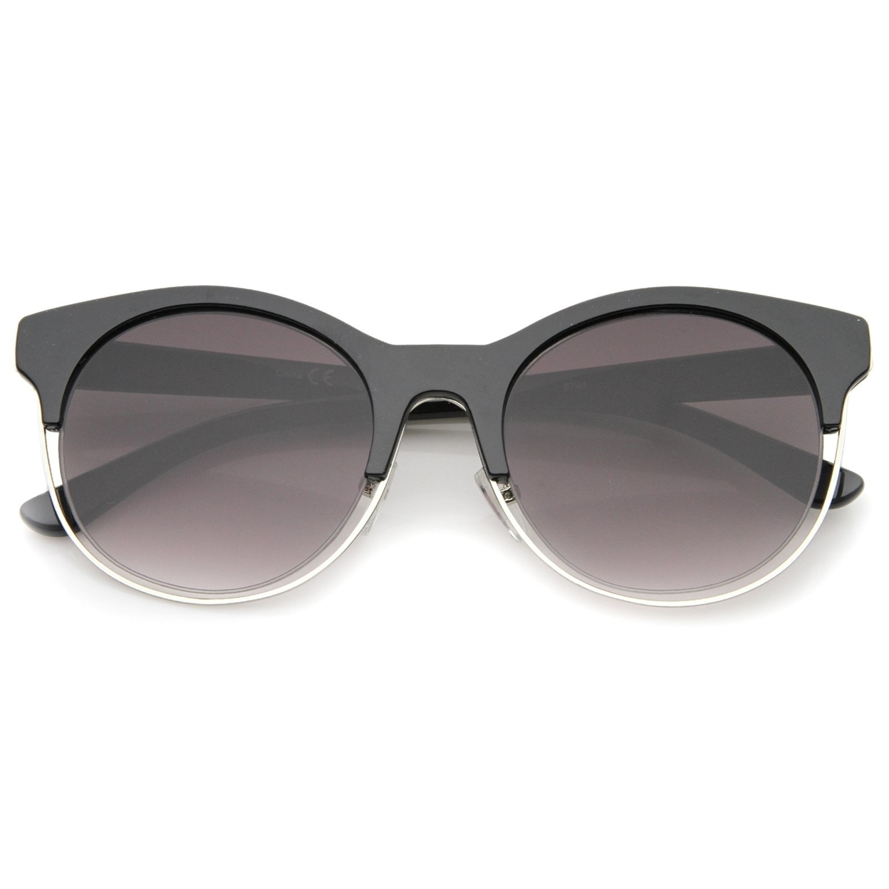 Modern Half Frame Metal Trim Round Cat Eye Sunglasses 53mm - Shiny Black-Gold / Smoke