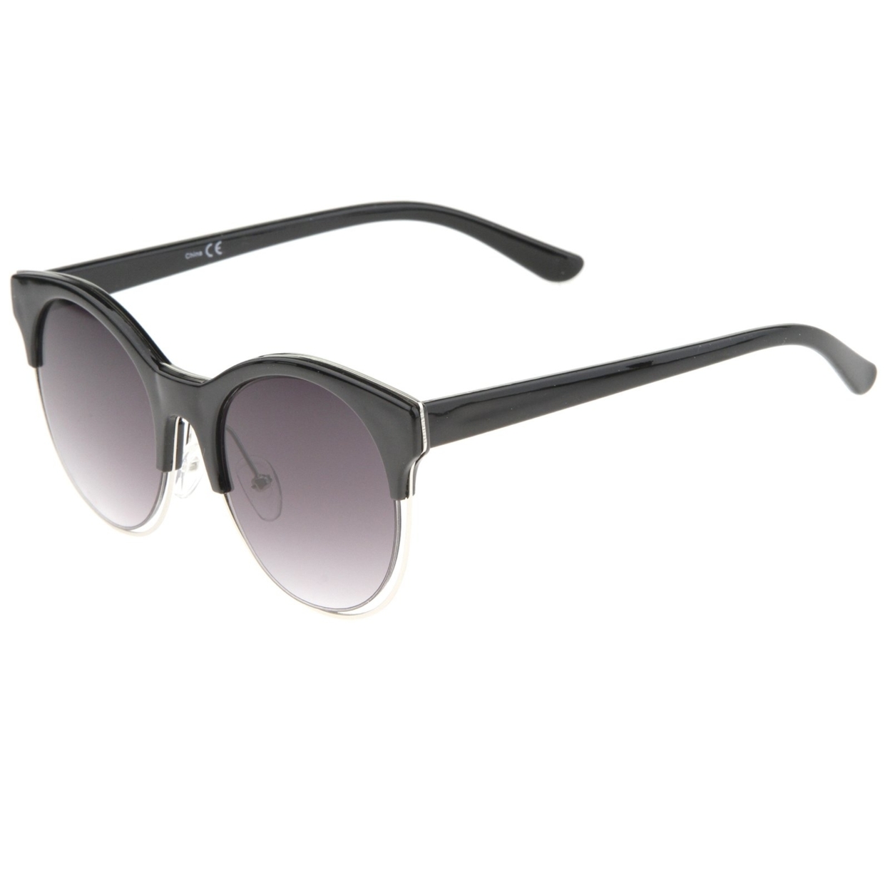 Modern Half Frame Metal Trim Round Cat Eye Sunglasses 53mm - Shiny Tortoise-Gold / Brown