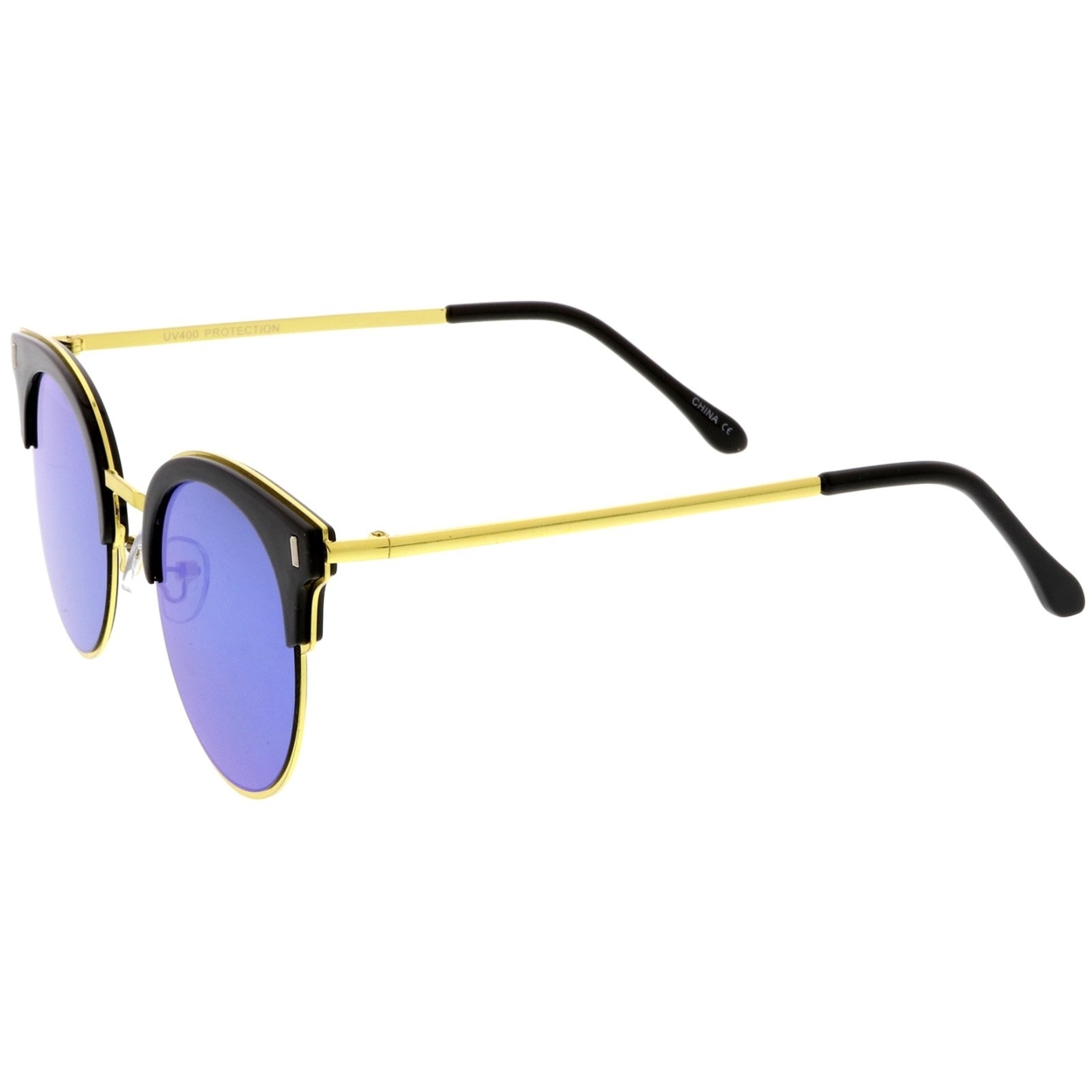 Modern Half Frame Round Colored Mirror Flat Lens Horn Rimmed Sunglasses 49mm - Tortoise-Gold / Magenta Mirror