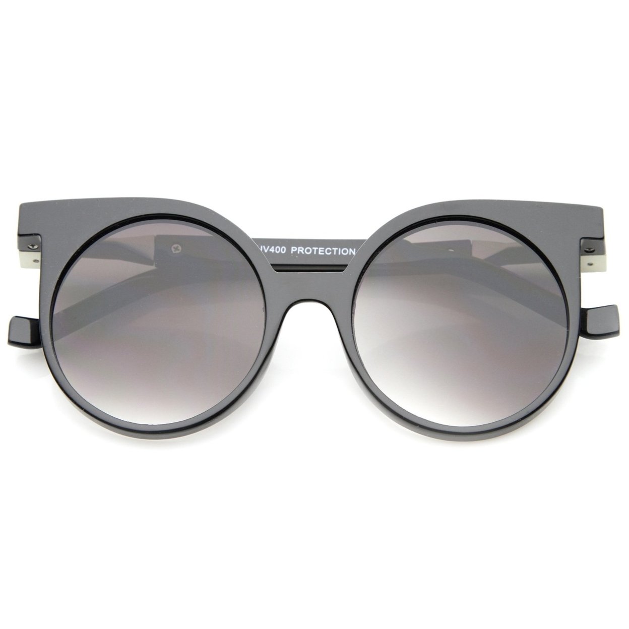 Modern Horn Rimmed Neutral-Colored Flat Lens Round Sunglasses 50mm - Shiny Black / Lavender