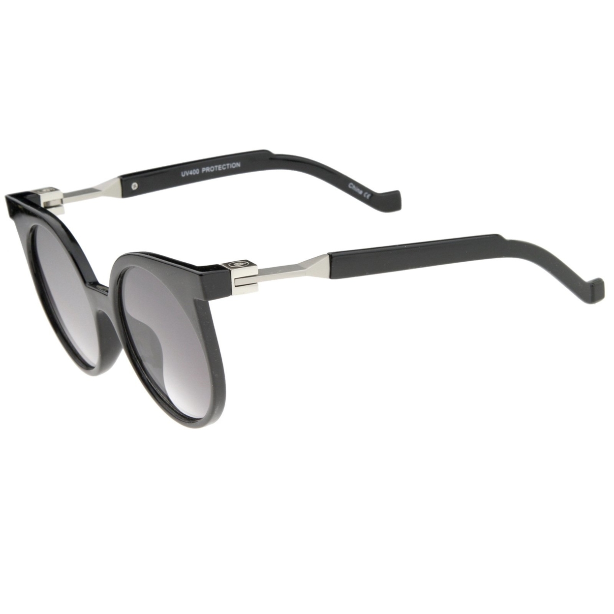 Modern Horn Rimmed Neutral-Colored Flat Lens Round Sunglasses 50mm - Shiny Black / Lavender