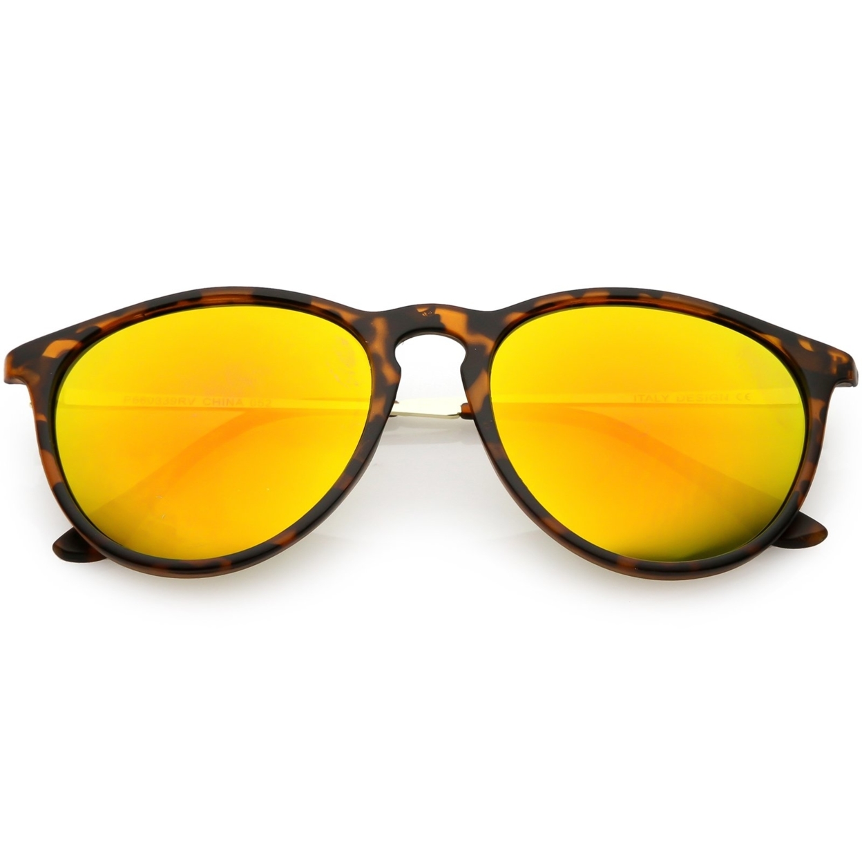 Modern Horn Rimmed Sunglasses Metal Arms Round Mirrored Lens 52mm - Matte Black Gold / Orange Yellow Mirror