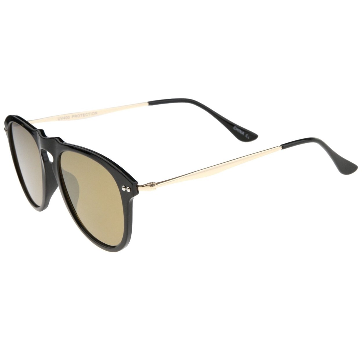 Modern Keyhole Bridge Horn Rimmed Colored Mirror Lens Aviator Sunglasses 53mm - Black-Gold / Blue Mirror