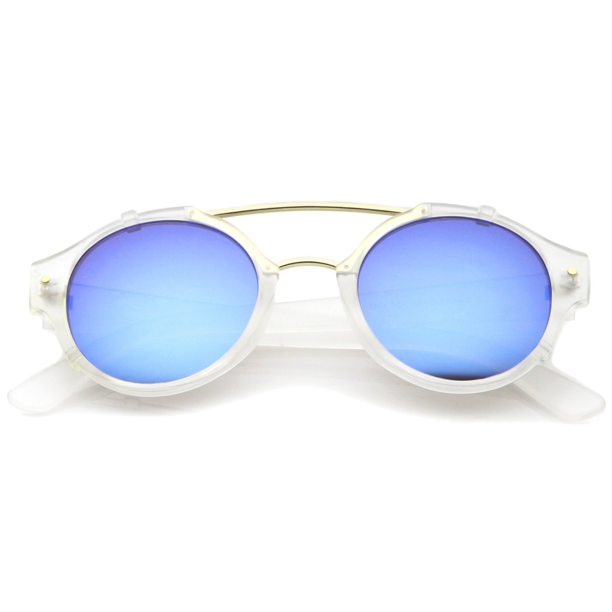 Modern Matte Finish Double Crossbar Mirrored Lens P3 Round Sunglasses 49mm - Black-Gold / Orange Mirror