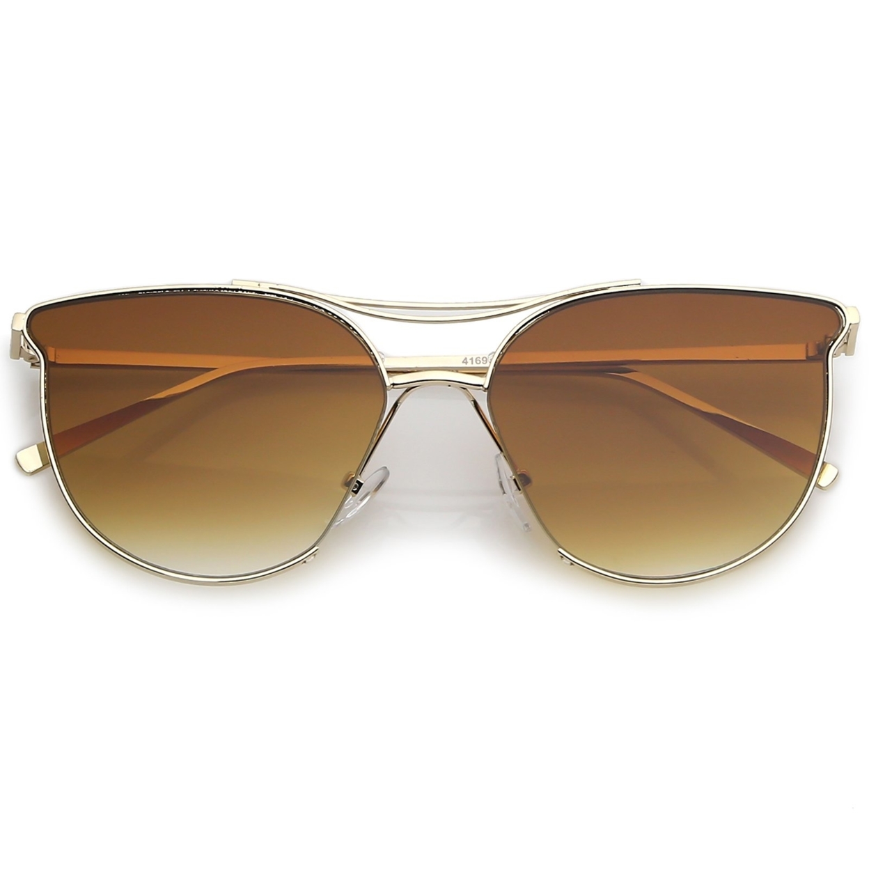 Modern Metal Cat Eye Sunglasses With Slim Arms Double Nose Bridge Round Flat Lens 55mm - Gold / Amber