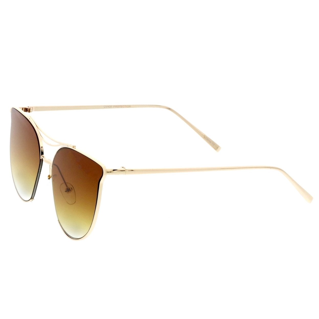 Modern Metal Cat Eye Sunglasses With Slim Arms Double Nose Bridge Round Flat Lens 55mm - Gold / Green Beige Gradient