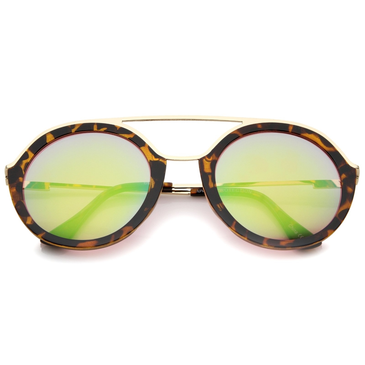 Modern Metal Double Nose Bridge Colored Mirror Lens Round Sunglasses 52mm - Creme-Gold / Smoke Mirror