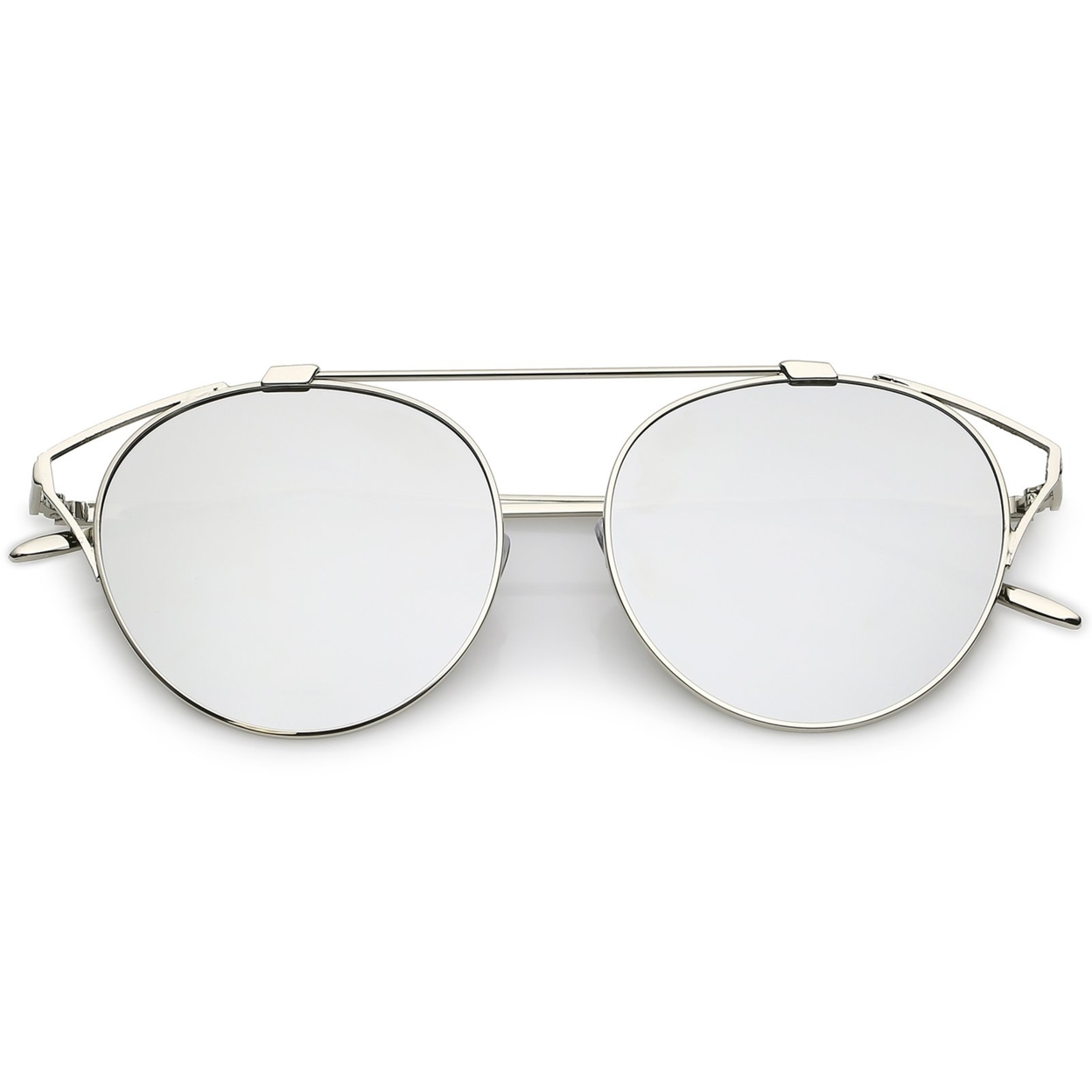 Modern Metal Cutout Cat Eye Sunglasses With Crossbar Round Mirrored Flat Lens 55mm - Silver / Silver Mirror