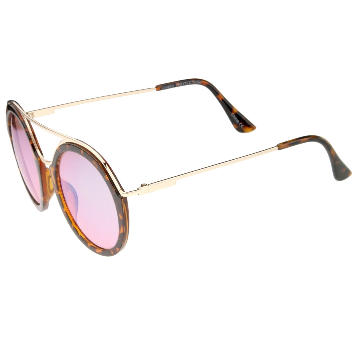 Modern Metal Double Nose Bridge Colored Mirror Lens Round Sunglasses 52mm - Creme-Gold / Smoke Mirror