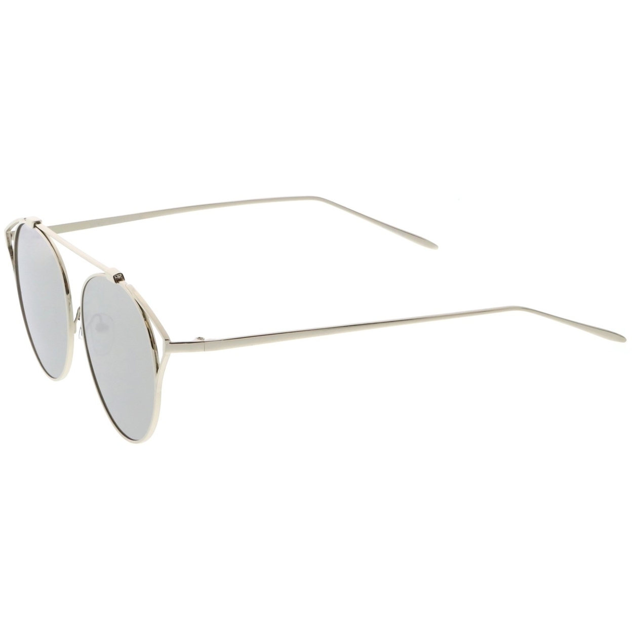 Modern Metal Cutout Cat Eye Sunglasses With Crossbar Round Mirrored Flat Lens 55mm - Gold / Purple Mirror