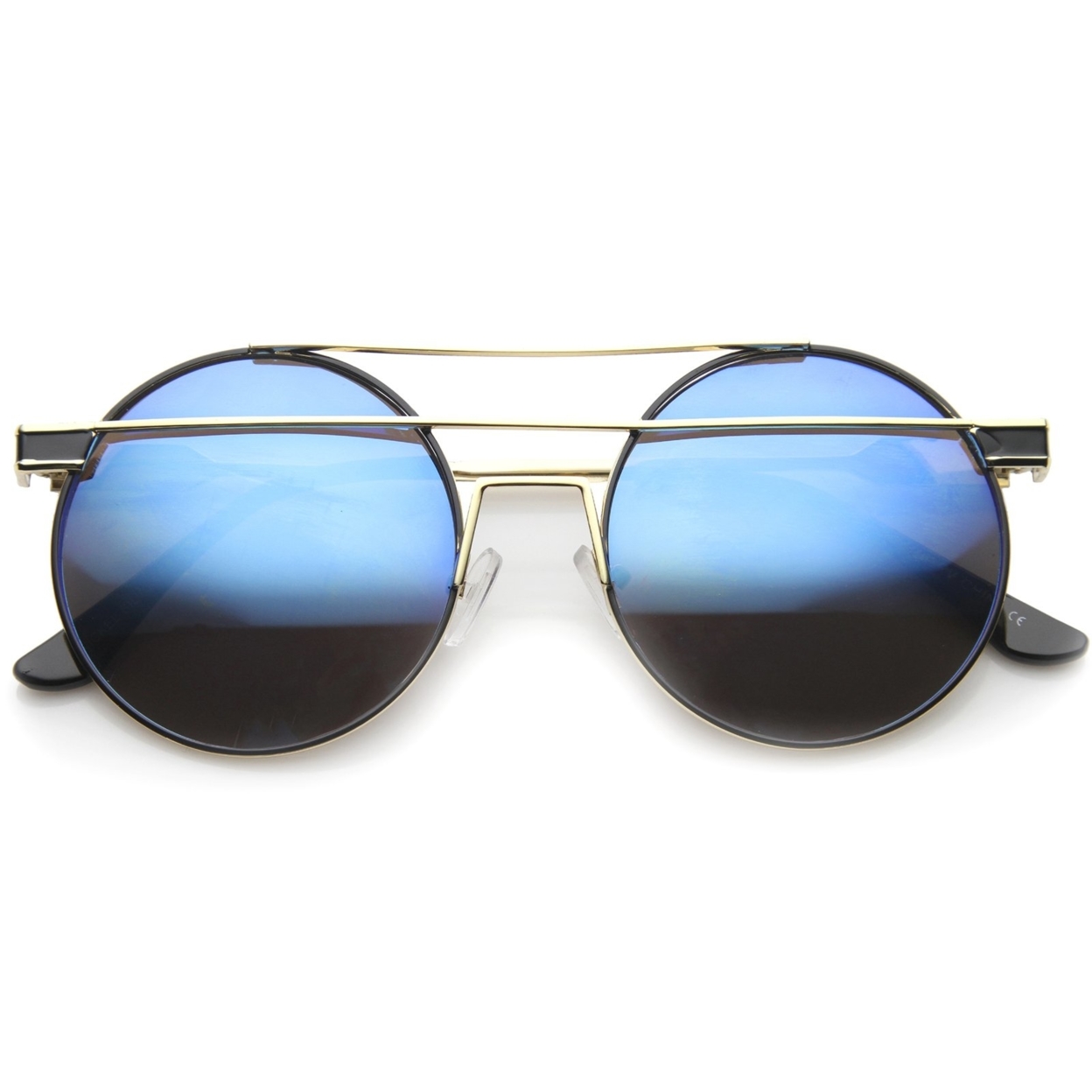 Modern Metal Frame Double Bridge Colored Mirror Lens Round Sunglasses 59mm - Gold-Black / Blue Mirror
