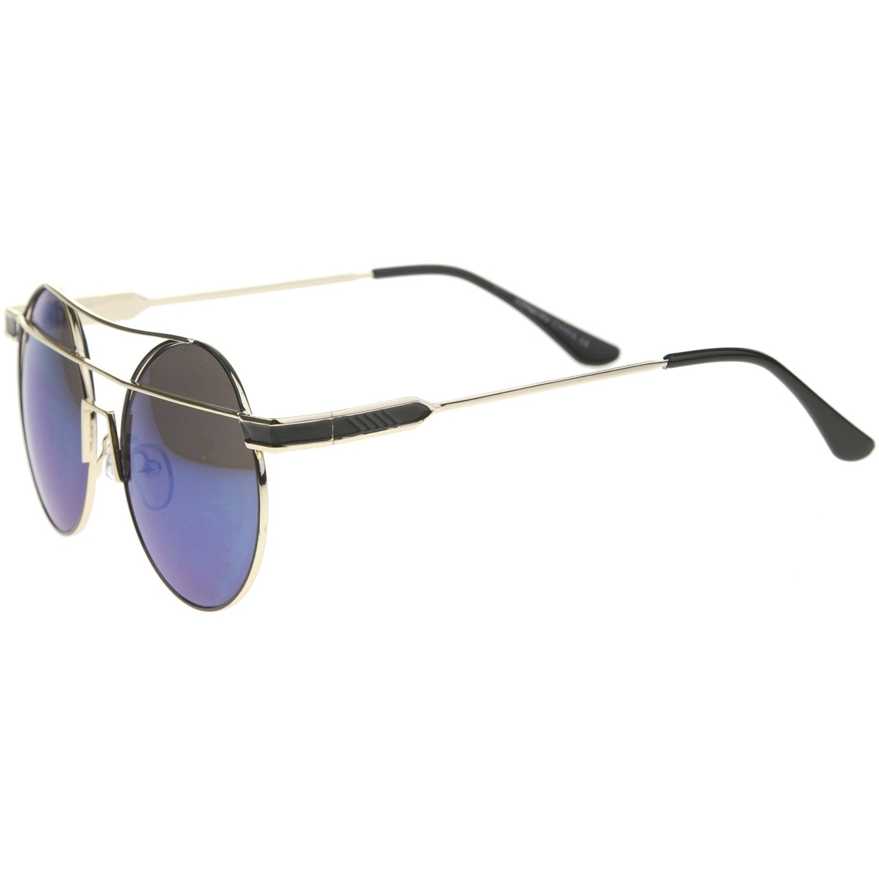 Modern Metal Frame Double Bridge Colored Mirror Lens Round Sunglasses 59mm - Gold-Black / Blue Mirror