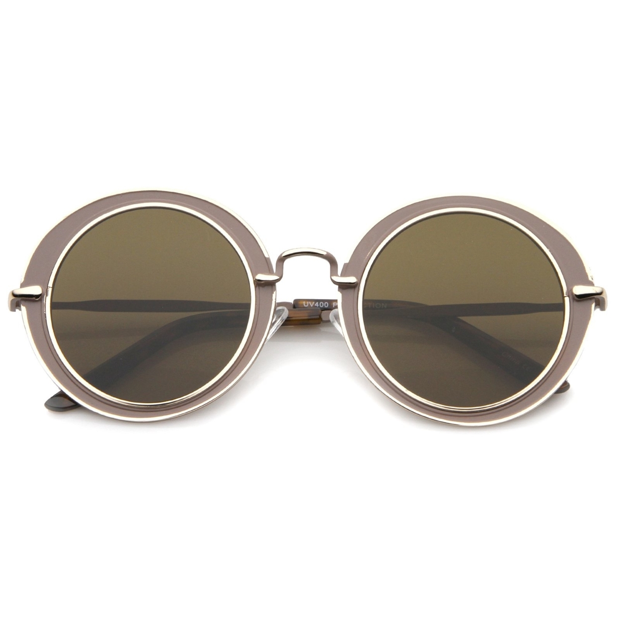 Modern Metal Frame Matte Border Colored Mirror Flat Lens Round Sunglasses 48mm - Black-Gold / Green Mirror