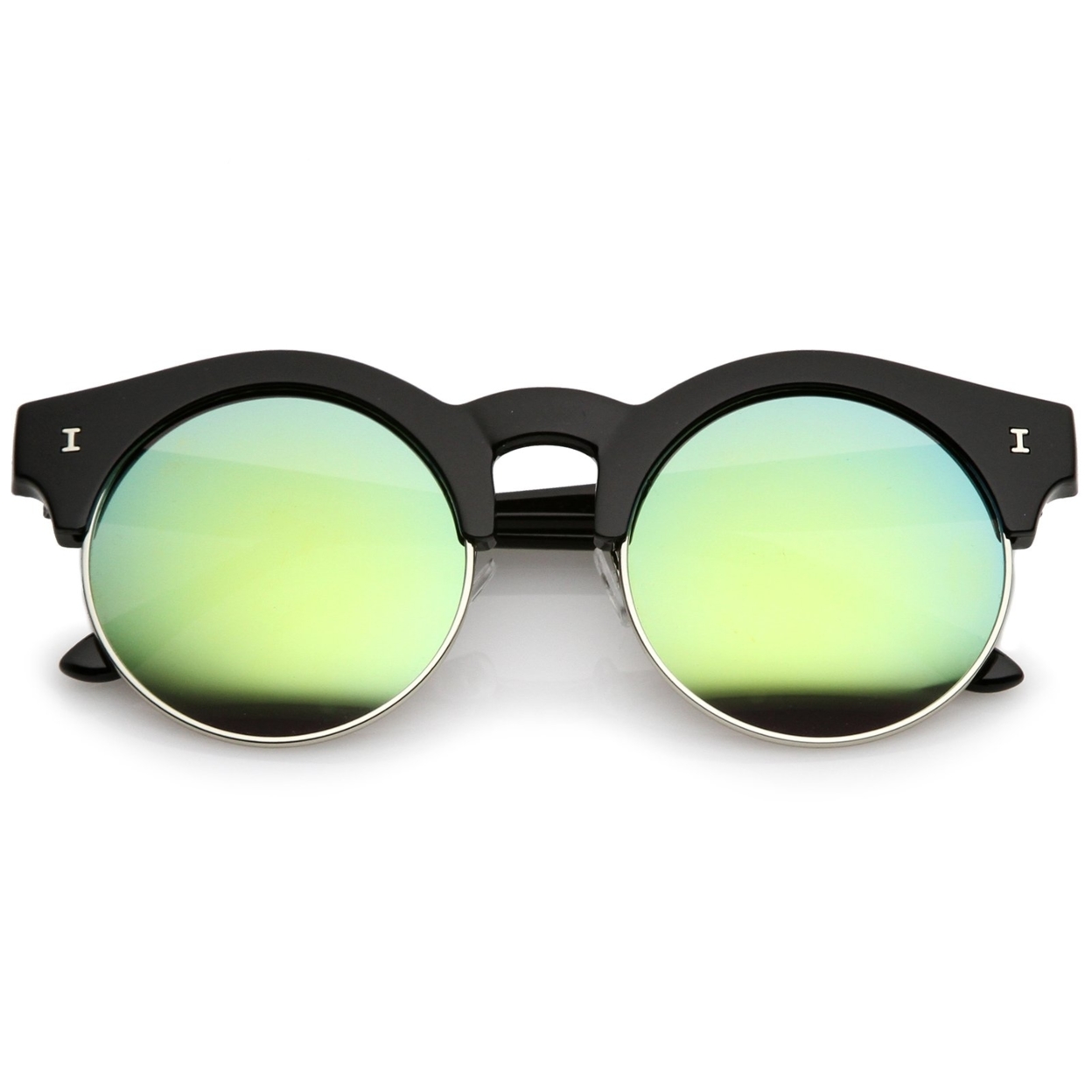 Modern Metal Trim Colored Mirror Round Flat Lens Half Frame Sunglasses 51mm - Black-Silver / Green Mirror