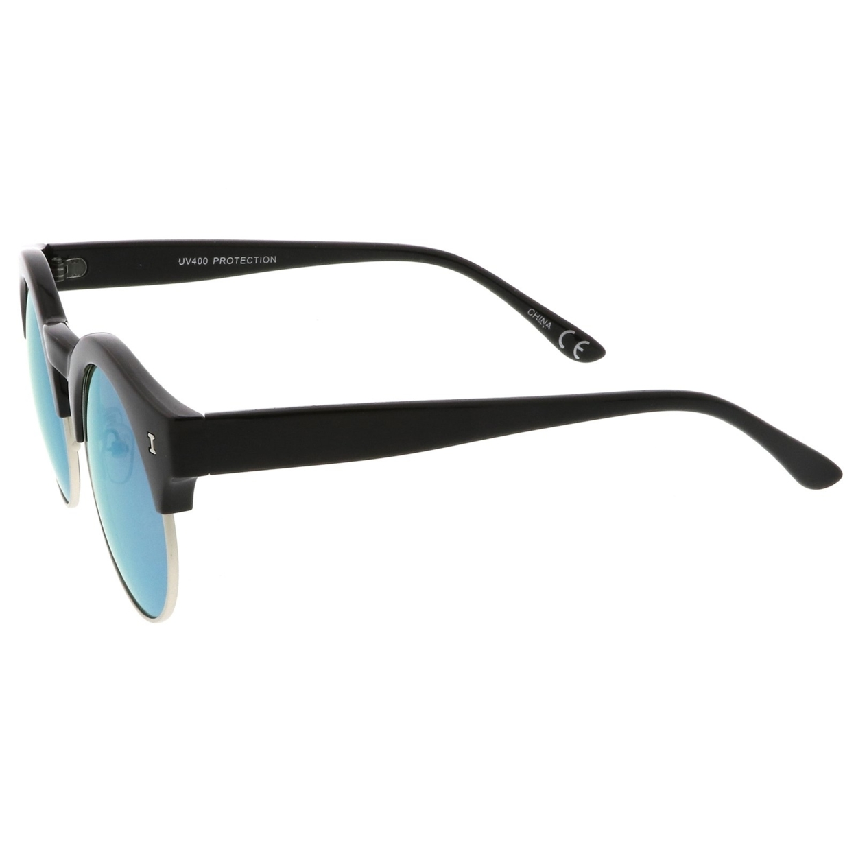 Modern Metal Trim Colored Mirror Round Flat Lens Half Frame Sunglasses 51mm - Tortoise-Gold / Blue Mirror