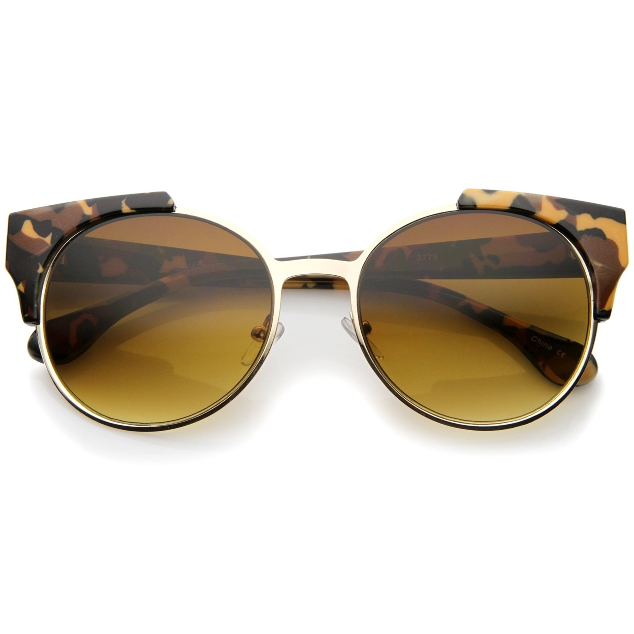 Modern Semi-Rimless Corner Horn Rimmed Round Sunglasses 53mm - Brown Camo-Gold / Amber