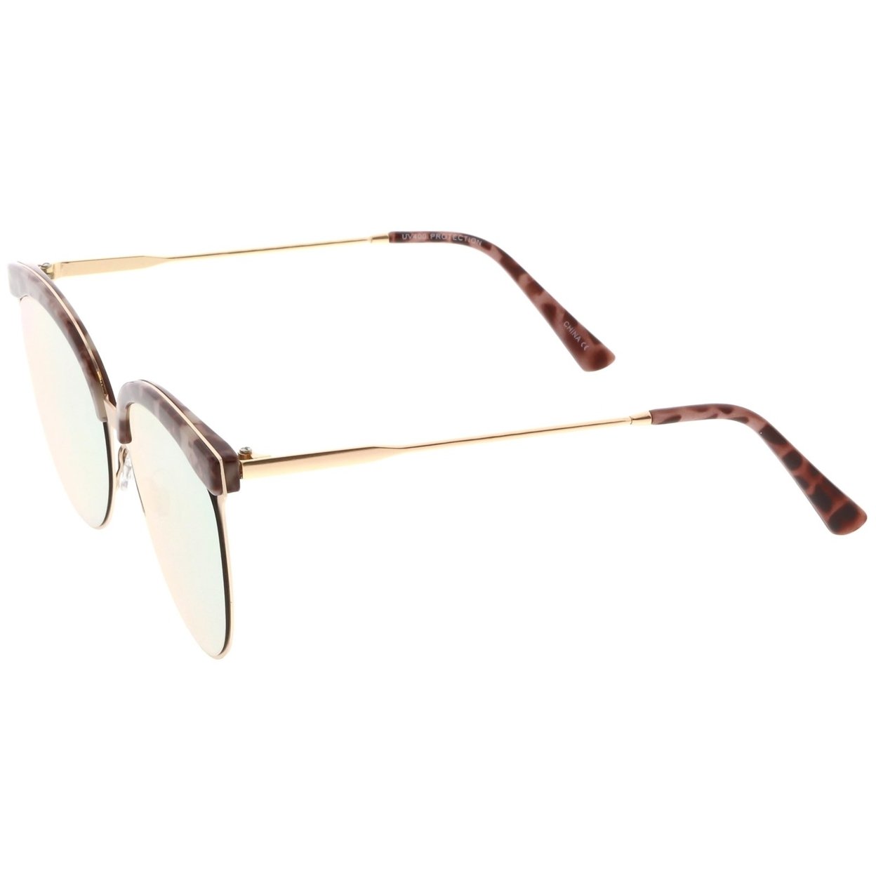 Modern Semi-Rimless Cat Eye Sunglasses Cutout Round Mirrored Flat Lens 55mm - Black Gold / Blue Mirror