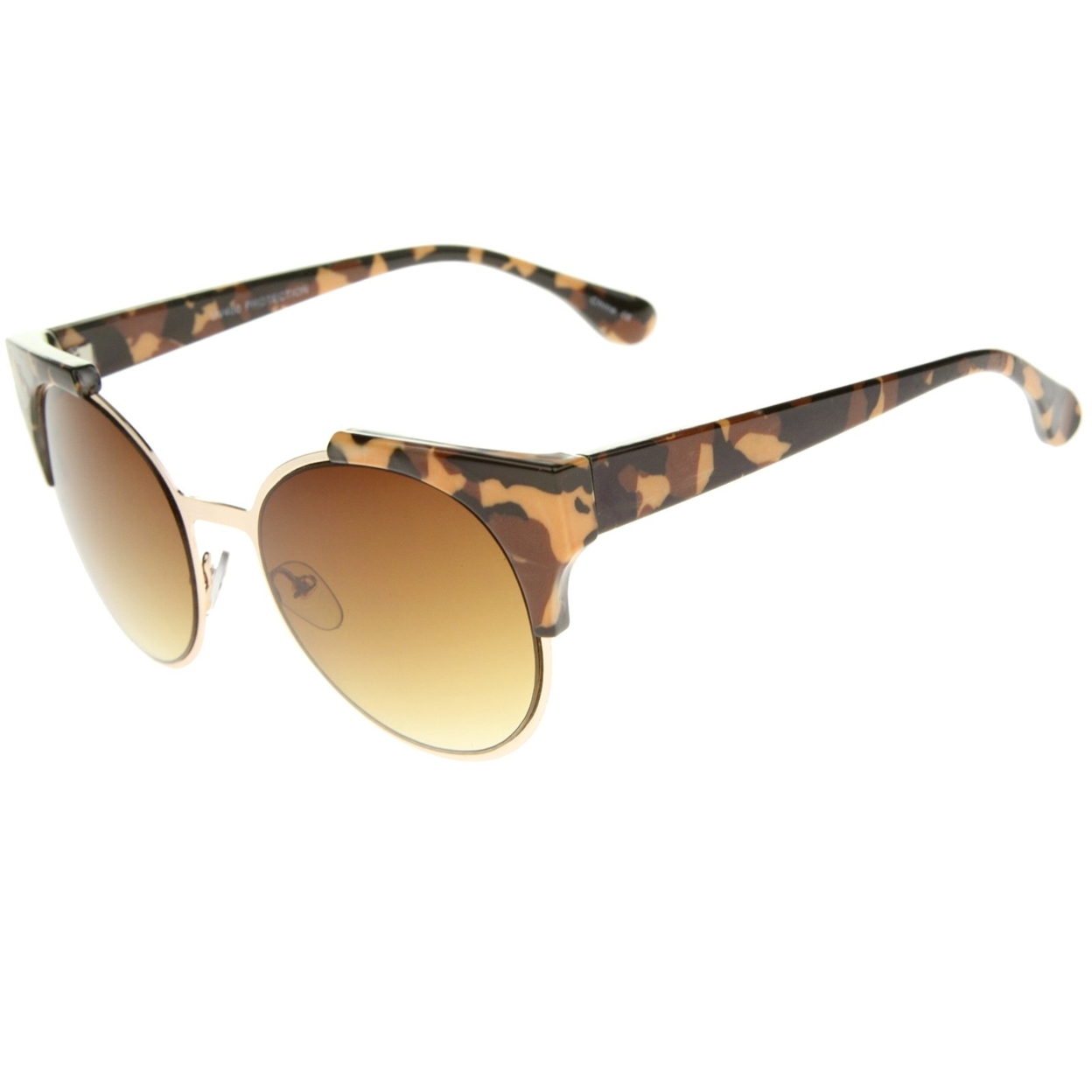 Modern Semi-Rimless Corner Horn Rimmed Round Sunglasses 53mm - Brown Camo-Gold / Amber