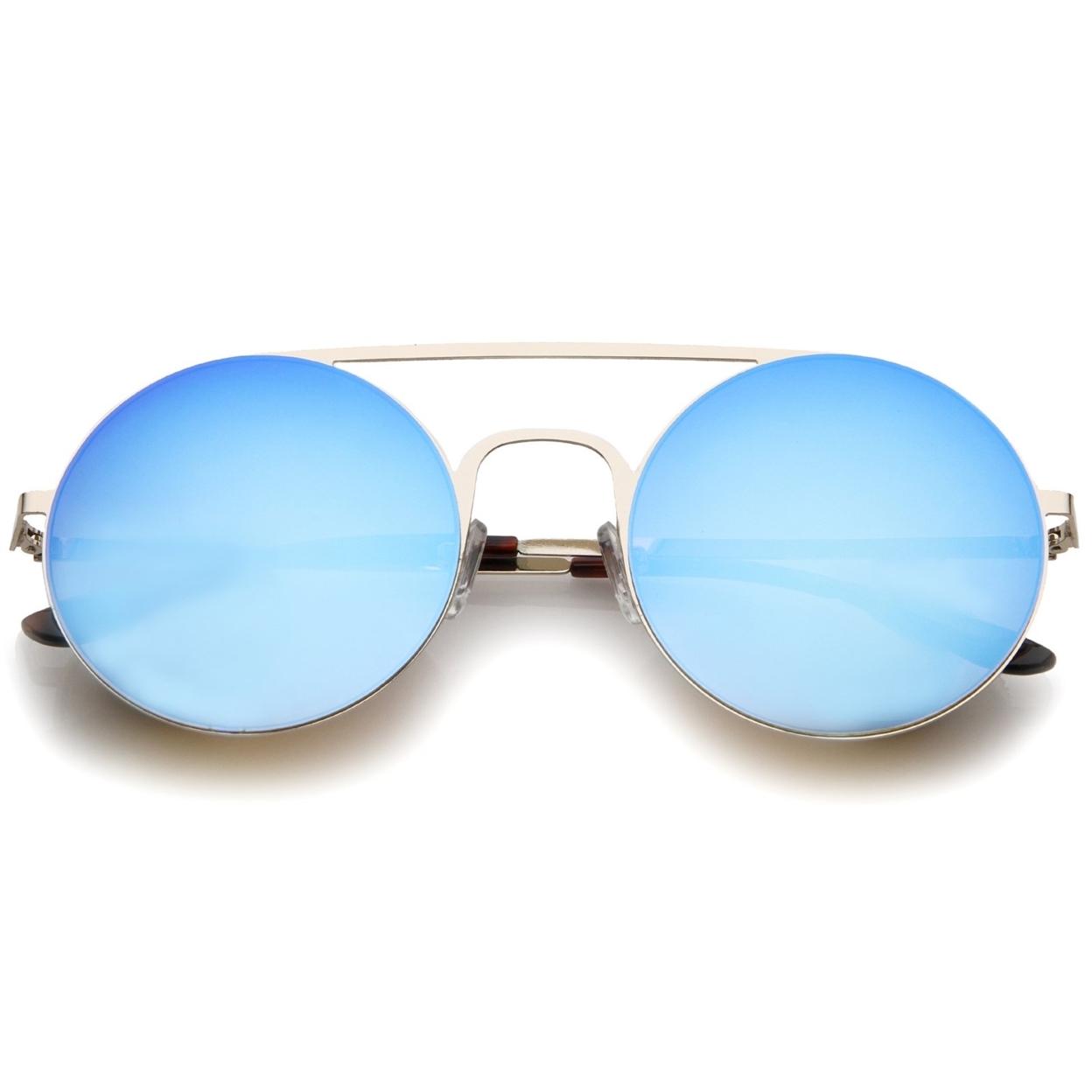 Modern Slim Double Nose Bridge Colored Mirror Flat Lens Round Sunglasses 53mm - Gold / Magenta-Green Mirror