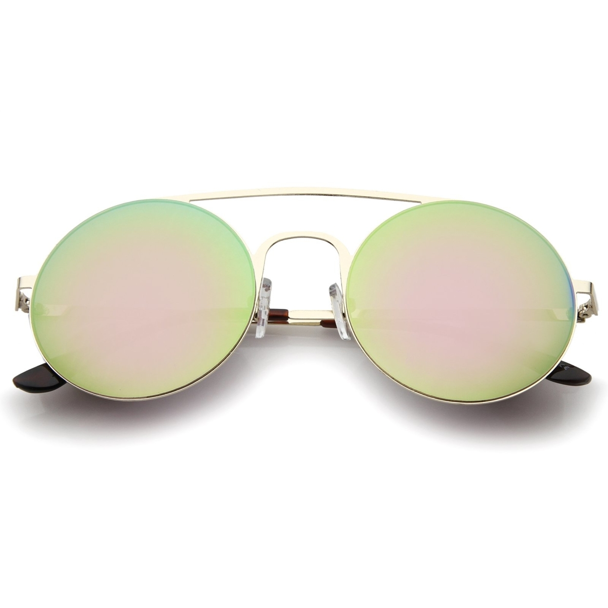 Modern Slim Frame Double Nose Bridge Colored Mirror Flat Lens Round Sunglasses 53mm - Gold / Blue Mirror
