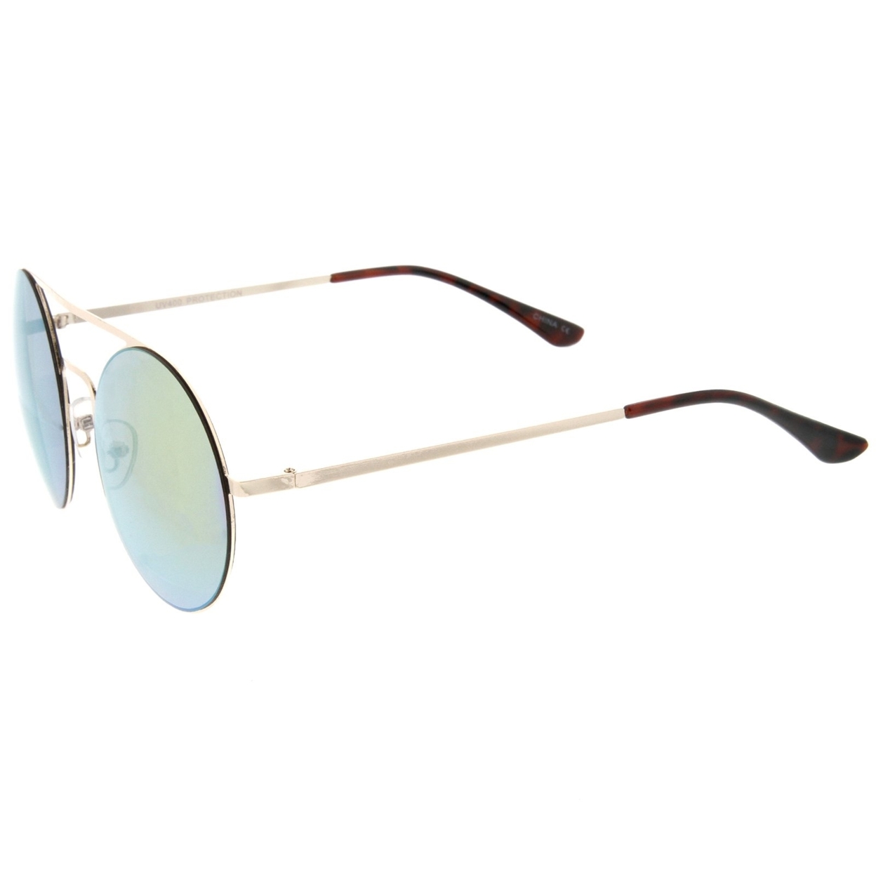 Modern Slim Frame Double Nose Bridge Colored Mirror Flat Lens Round Sunglasses 53mm - Gold / Brown Mirror