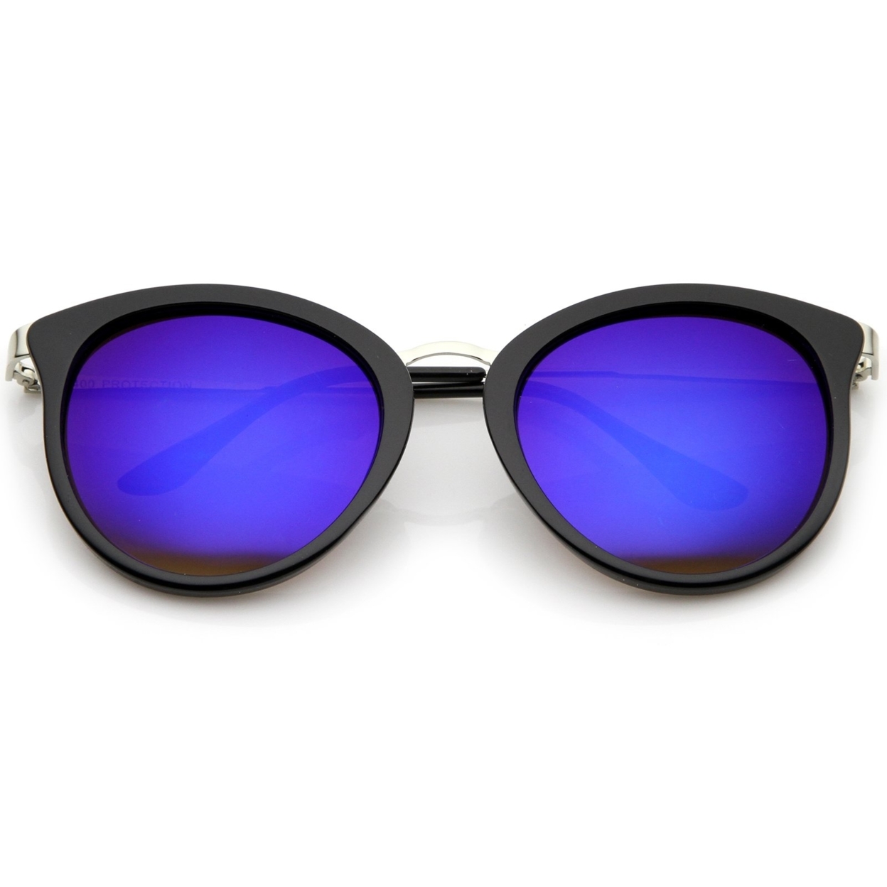 Modern Slim Metal Temple Colored Mirror Lens Cat Eye Sunglasses 54mm - Black-Silver / Blue Mirror