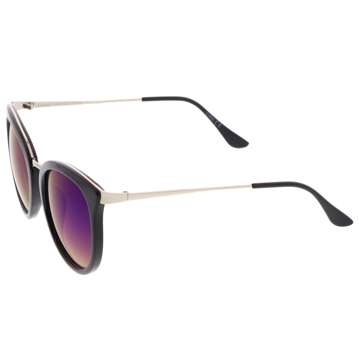 Modern Slim Metal Temple Colored Mirror Lens Cat Eye Sunglasses 54mm - Black-Silver / Blue Mirror