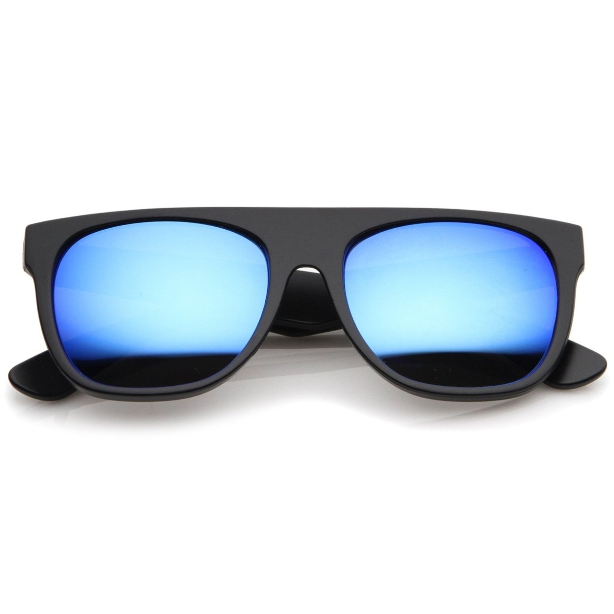 Modern Super Flat-Top Wide Temple Colored Mirror Lens Horn Rimmed Sunglasses 55mm - Shiny White / Blue Mirror