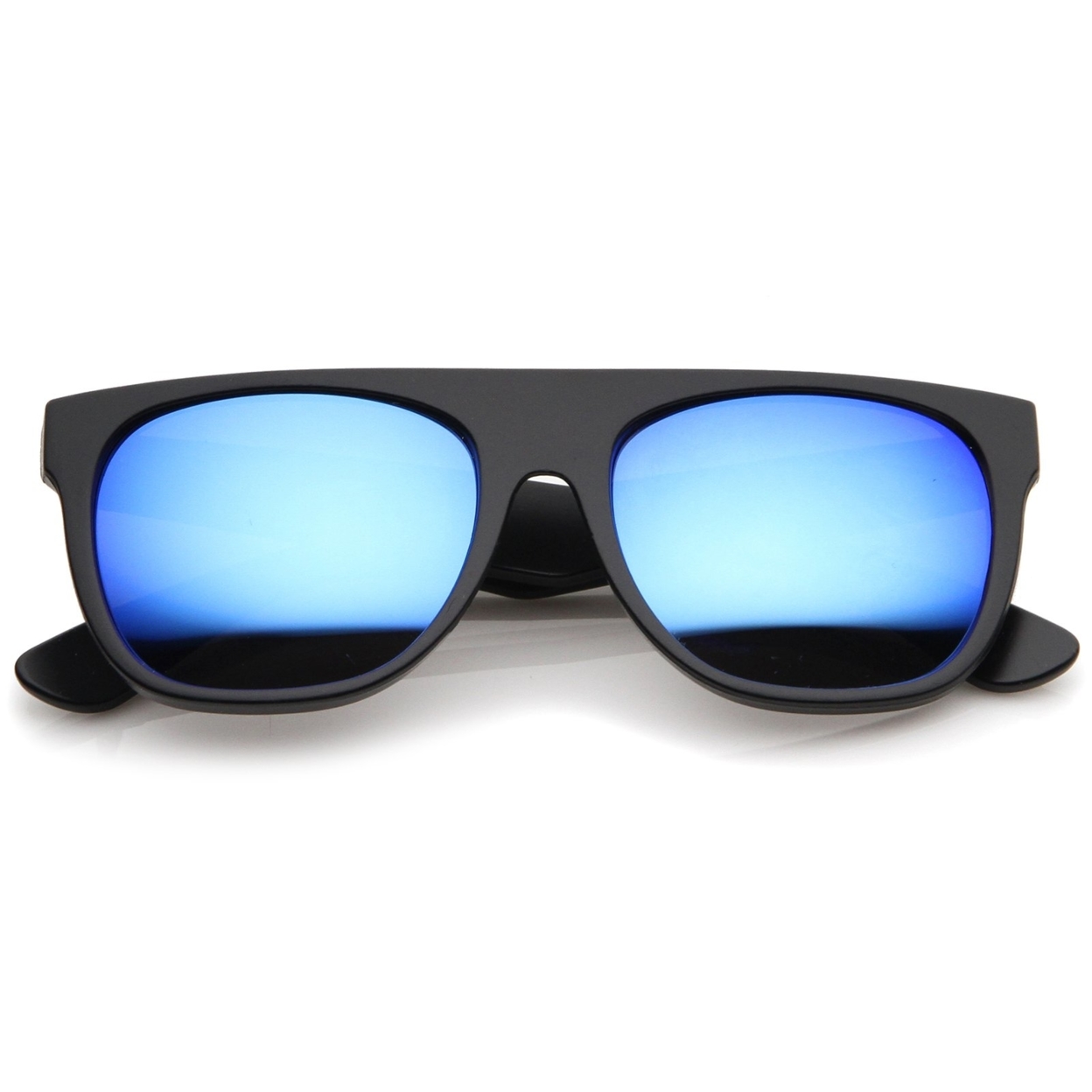 Modern Super Flat-Top Wide Temple Colored Mirror Lens Horn Rimmed Sunglasses 55mm - Matte Black / Blue Mirror
