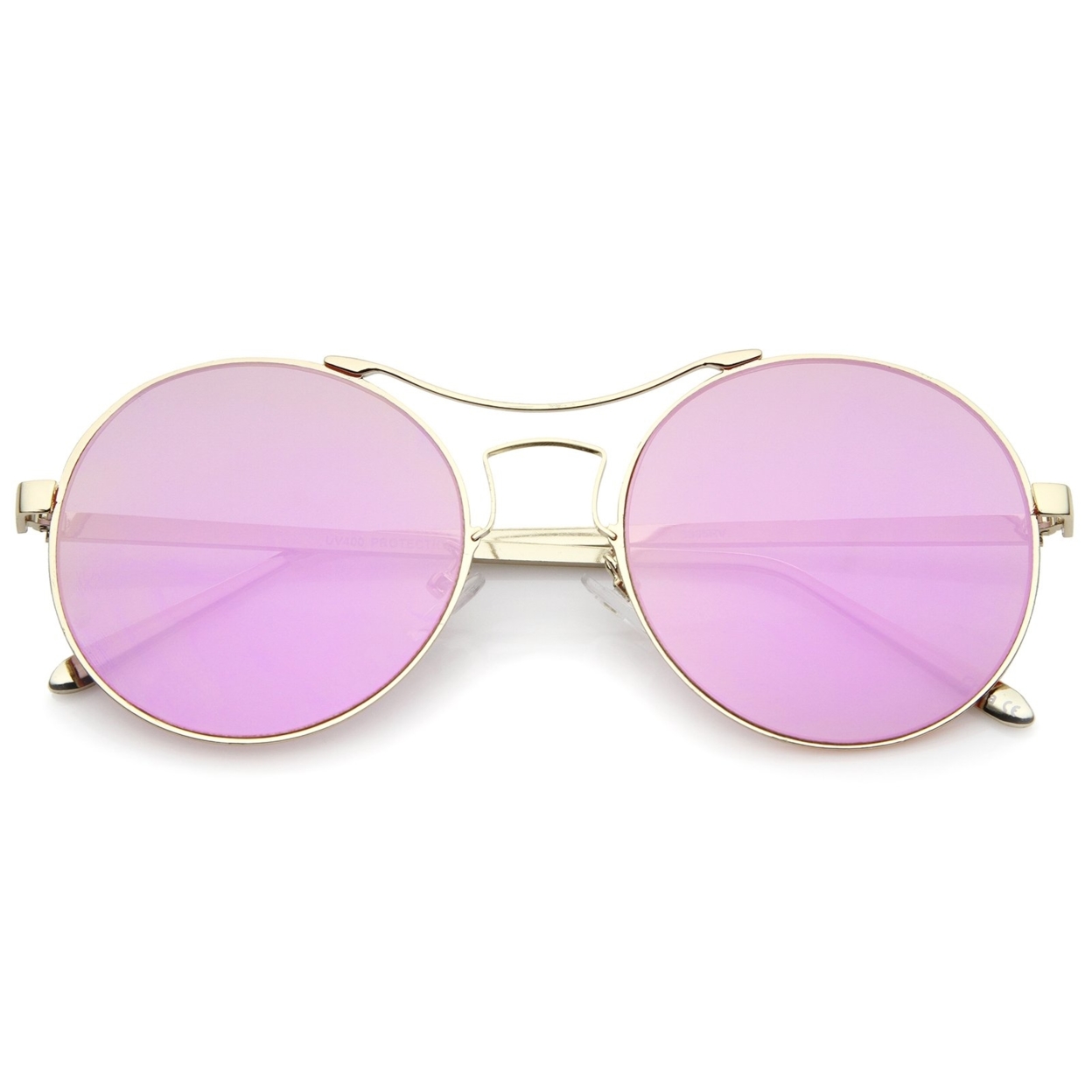 Modern Thin Metal Frame Curved Brow Bar Colored Mirror Flat Lens Round Sunglasses 55mm - Gold / Gold Mirror