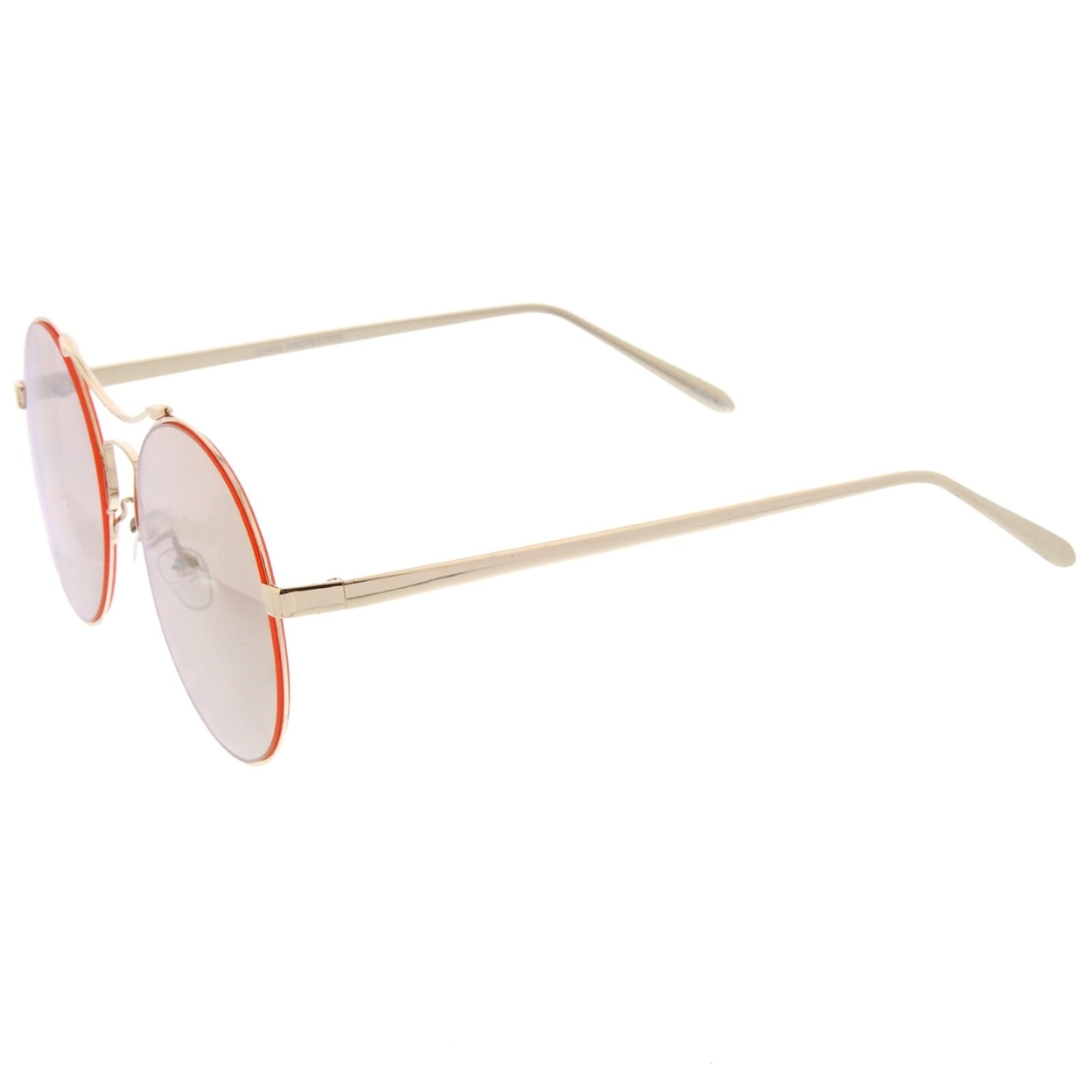 Modern Thin Metal Frame Curved Brow Bar Colored Mirror Flat Lens Round Sunglasses 55mm - Gold / Gold Mirror