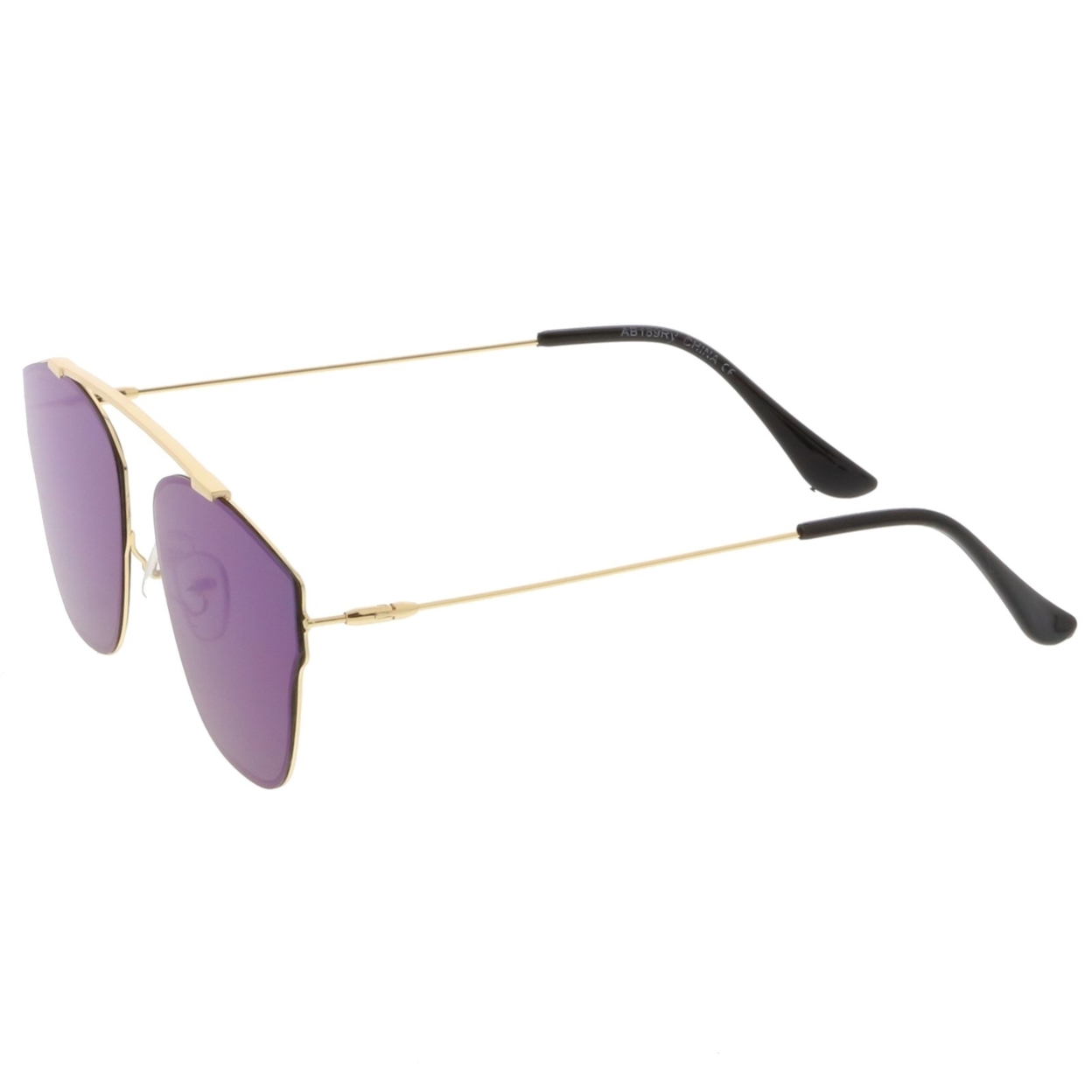 Modern Ultra Slim Metal Curved Crossbar Colored Mirror Flat Lens Pantos Sunglasses 57mm - Gold / Blue Mirror